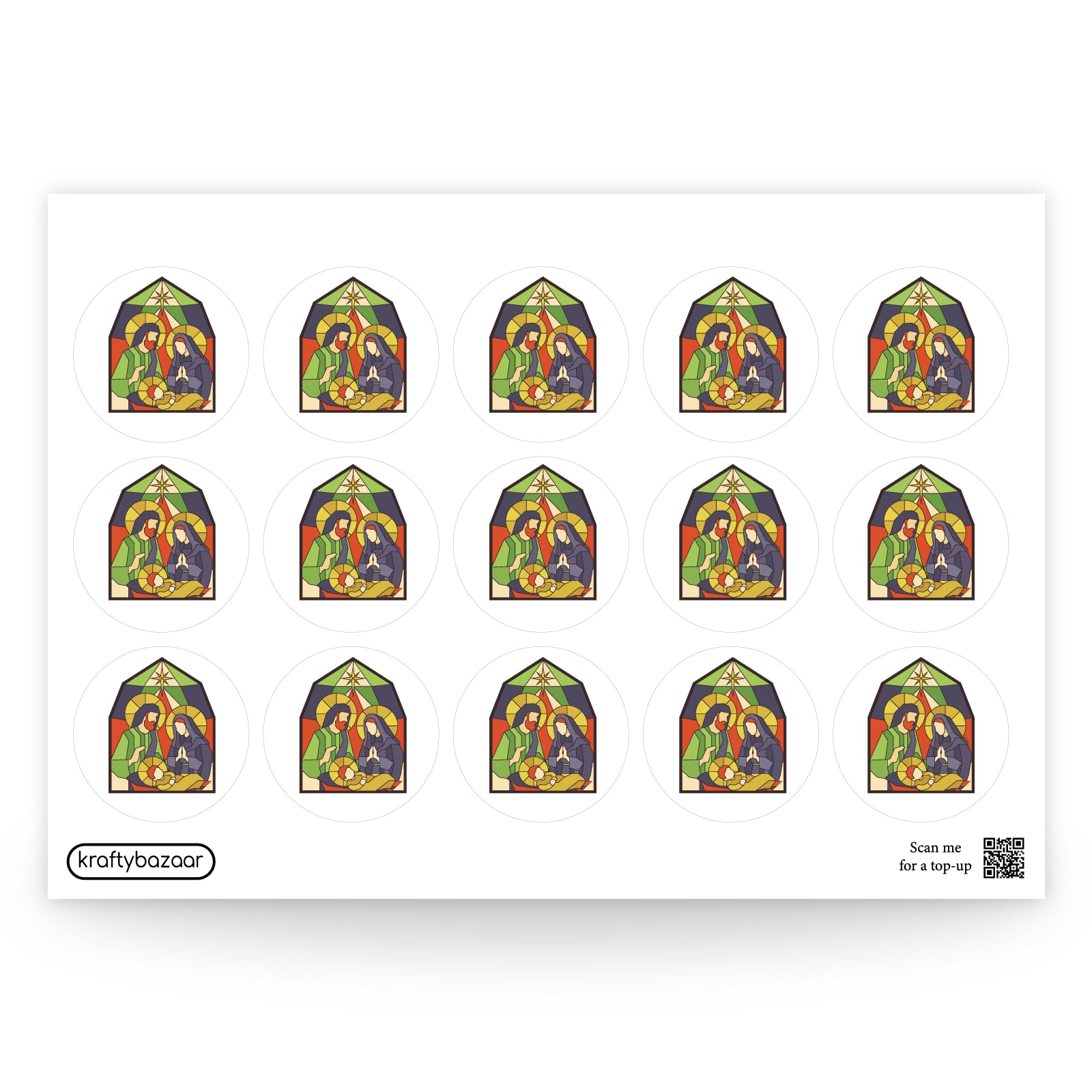Pack of 90 Mosaic Christmas Nativity Scene Vinyl Labels - 37mm Round Self-adhesive Nativity Stickers - Multipack Festive Stationery Craft Decor Vintage Christmas Labels