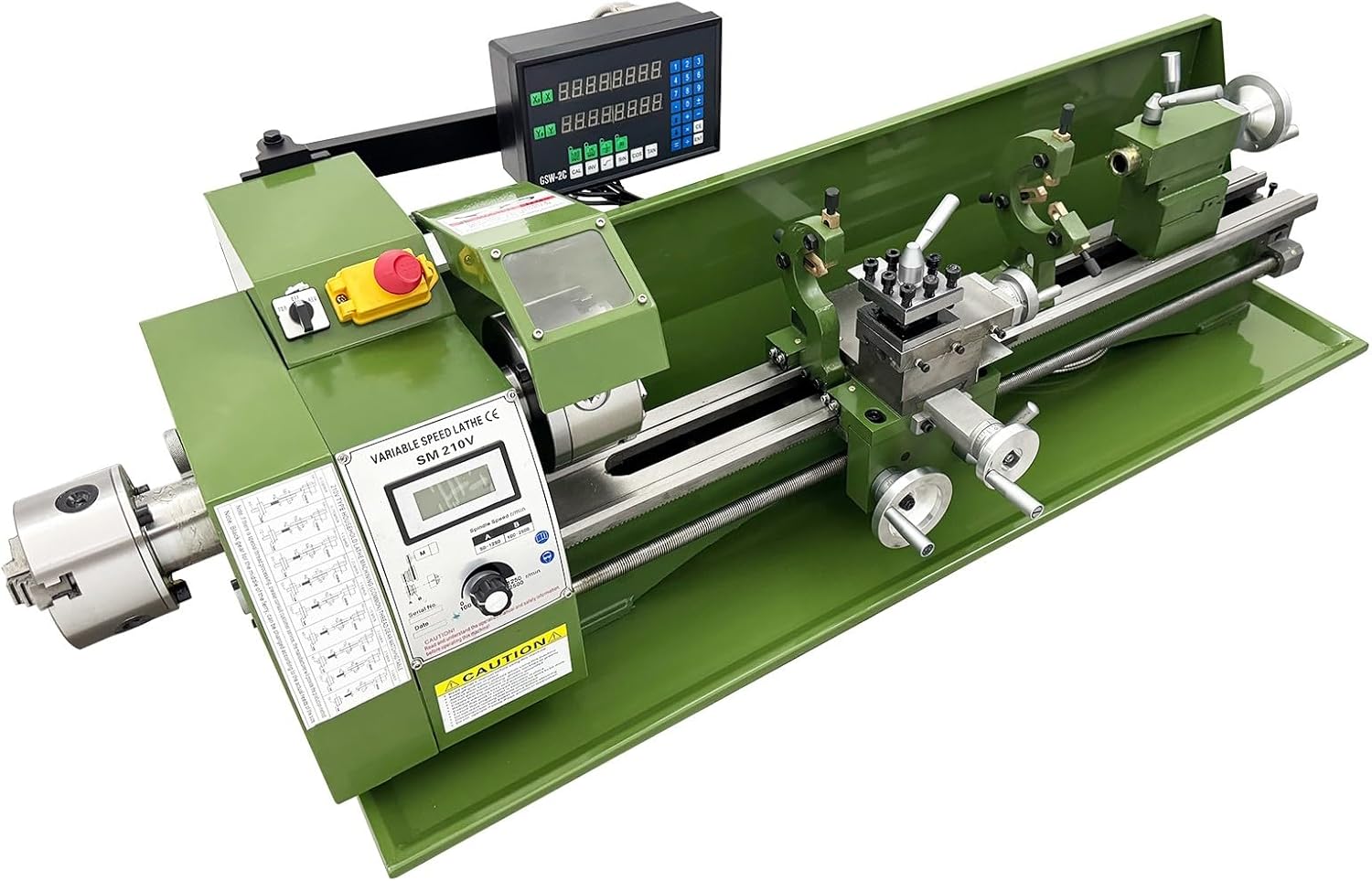 Double Head Double Chuck Metal Lathe WM210V 1100W Benchtop Metal Wood Horizontal Lathe Inch Thread 50-2500rpm Variable Speed 8"×29.5" Wood Horizontal Processer with Grating Ruler 110V