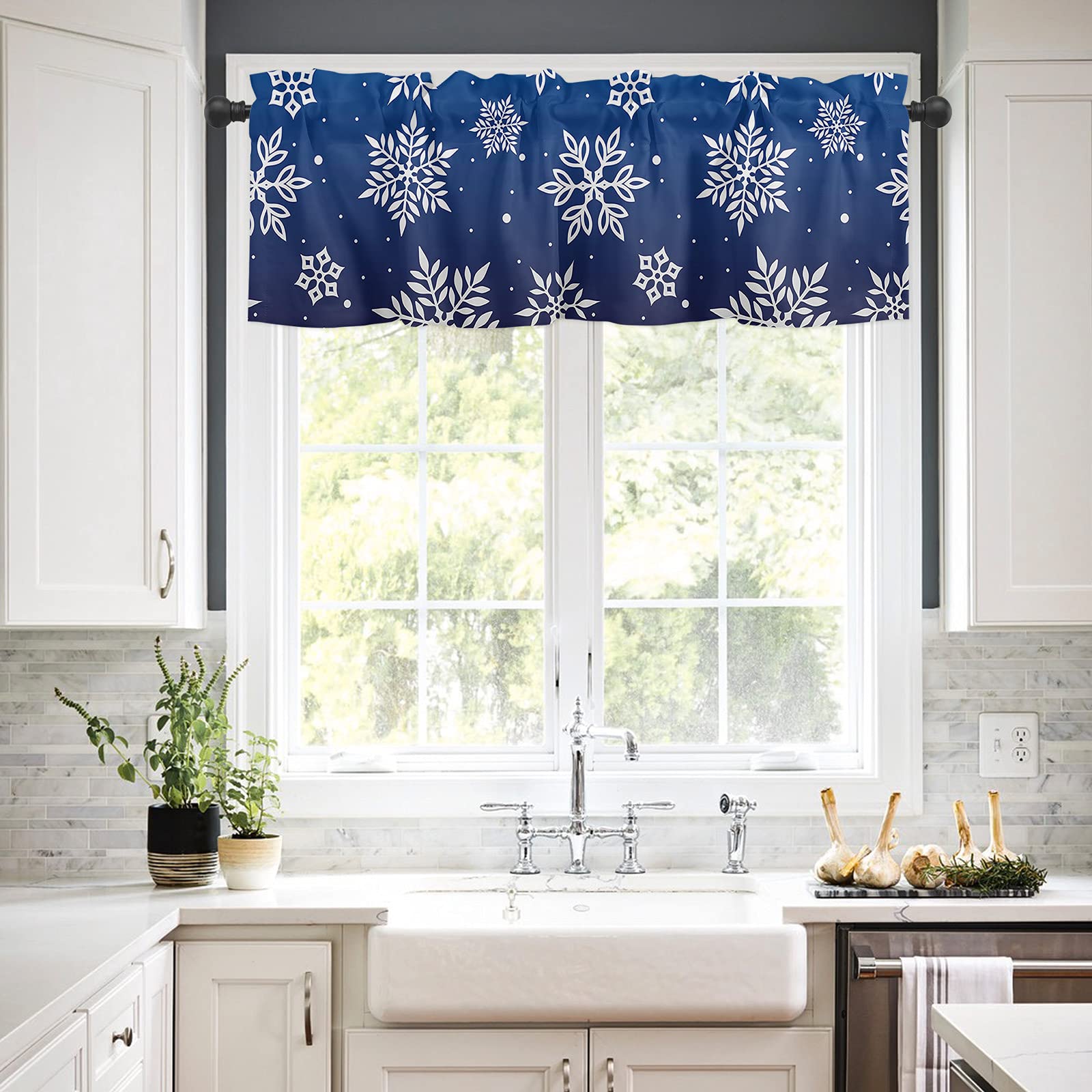 Pinroote Christmas Curtain Valances, Xmas Snowflake Blue Merry Christmas Rod Pocket Valance Tier Curtains Window Treatment Drapes for Kitchen Living Room Bedroom Windows, 54x18 Inch 1 Panel