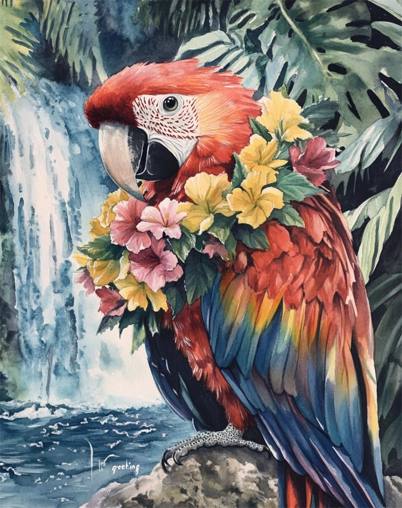 Henypt Printed Cross Stitch Kits for Adults Parrot Wearing A Flower Wreath with DIY 11 Ct Embroidery Sewing Starter Kit Stamped Needlework Home Decor (Stamped)
