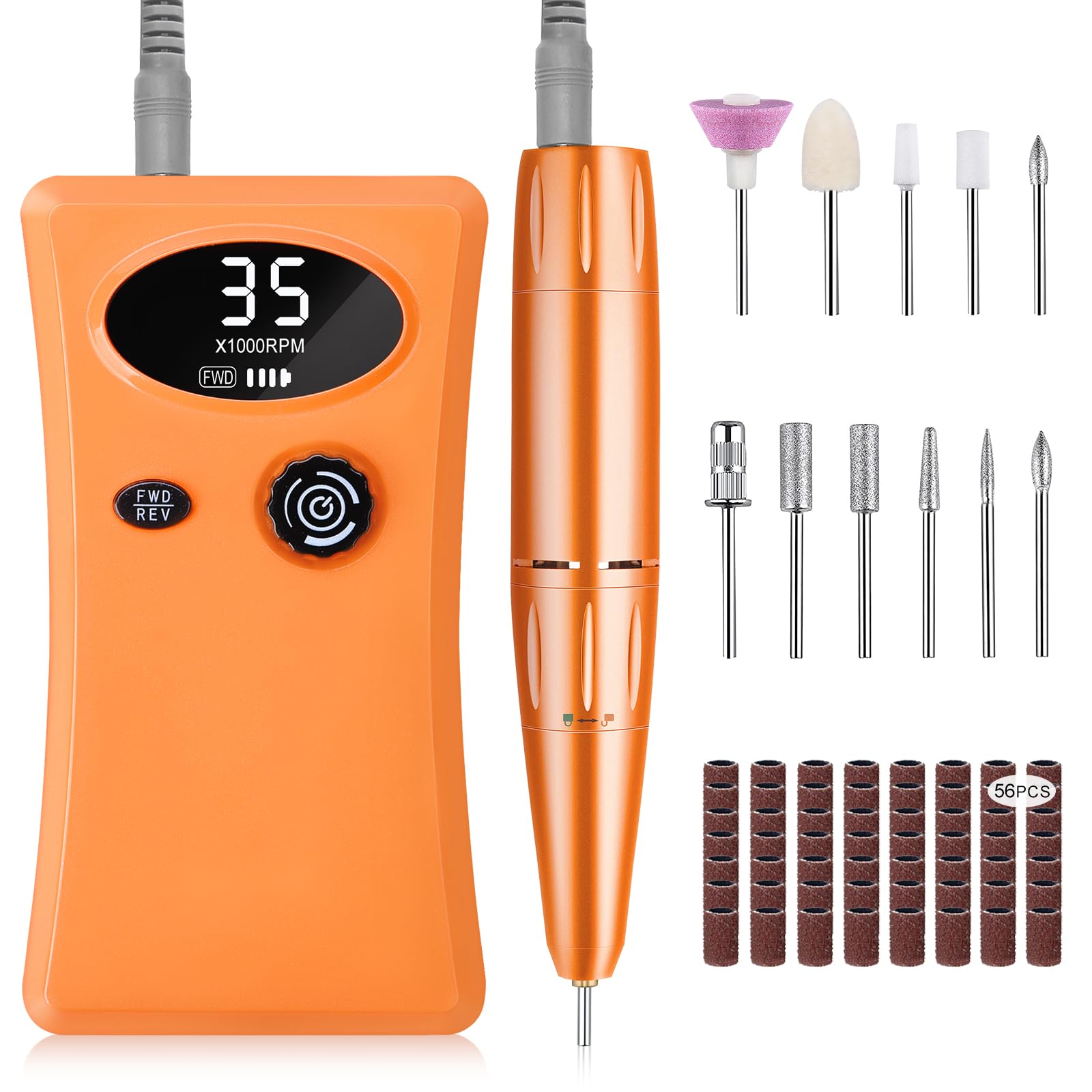 Urbuti Torno para Uñas Profesional, 35000 RPM Portátil Recargable lima de Uñas Eléctrica con 11 Puntas y Display LCD, Velocidad Ajustable, Sets de Manicura y Pedicura para Salón y Hogar (Orange)