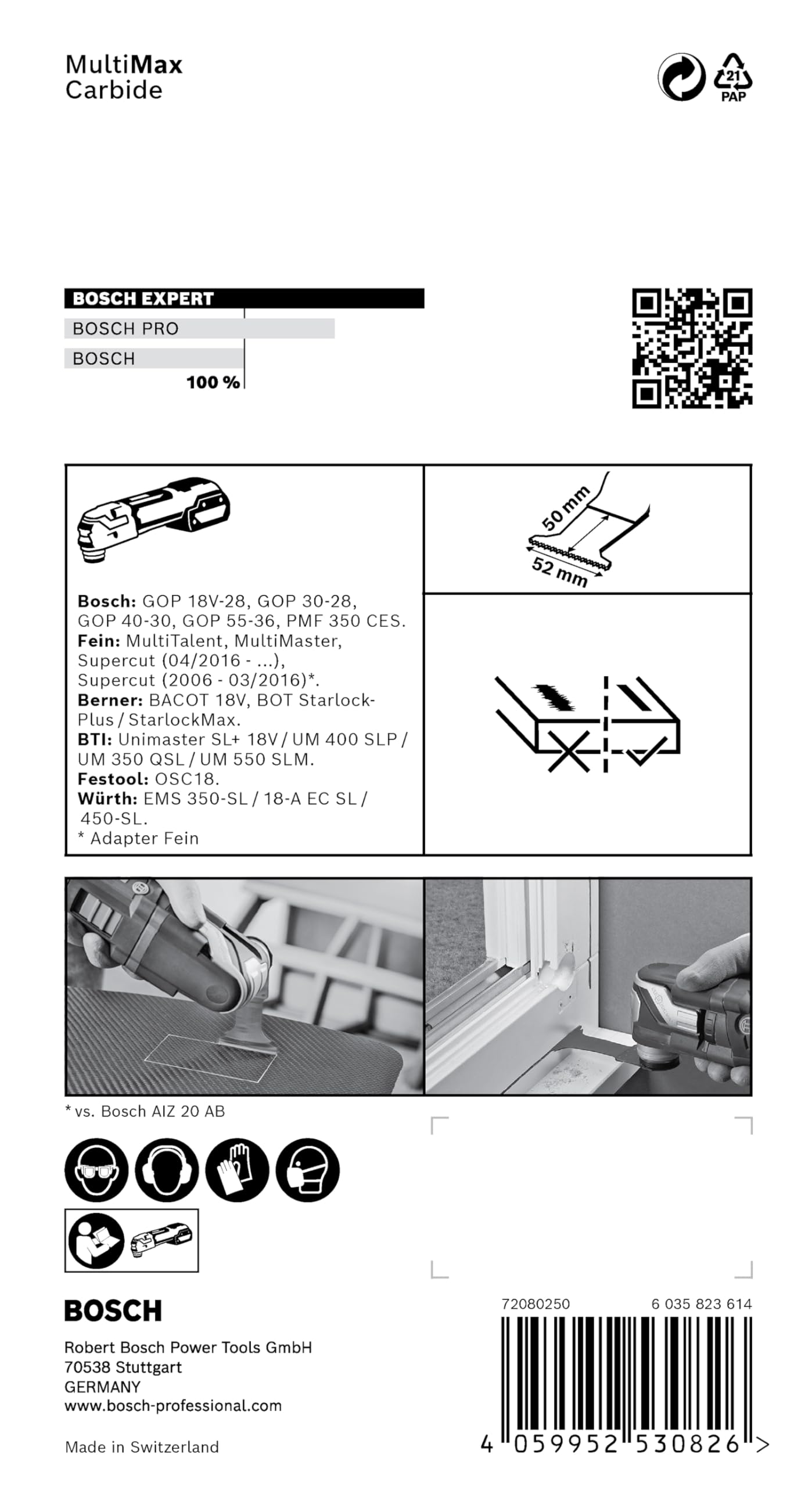 Bosch Professional 1 x Hojas de multiherramienta Expert MultiMax PAII 52 APIT, para Láminas de acero inoxidable, Anchura 52 mm, Accesorios Multiherramienta