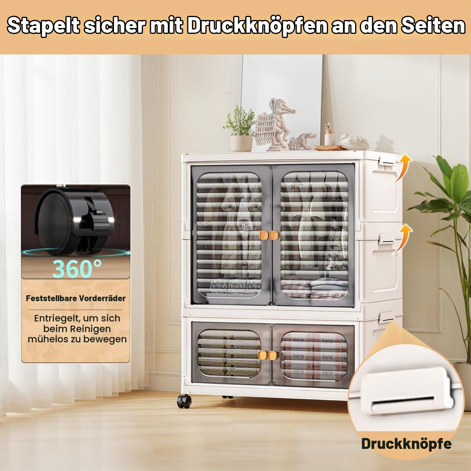 Tragbarer Kleiderschrank mit Doppeltüren, Zusammenklappbarer Schrank mit Rollen, Stapelboxen Kunststoff Klappkommode mit 1 Aufhängung + 1 Aufbewahrungen, 60 x 35 x 79cm, Weiß