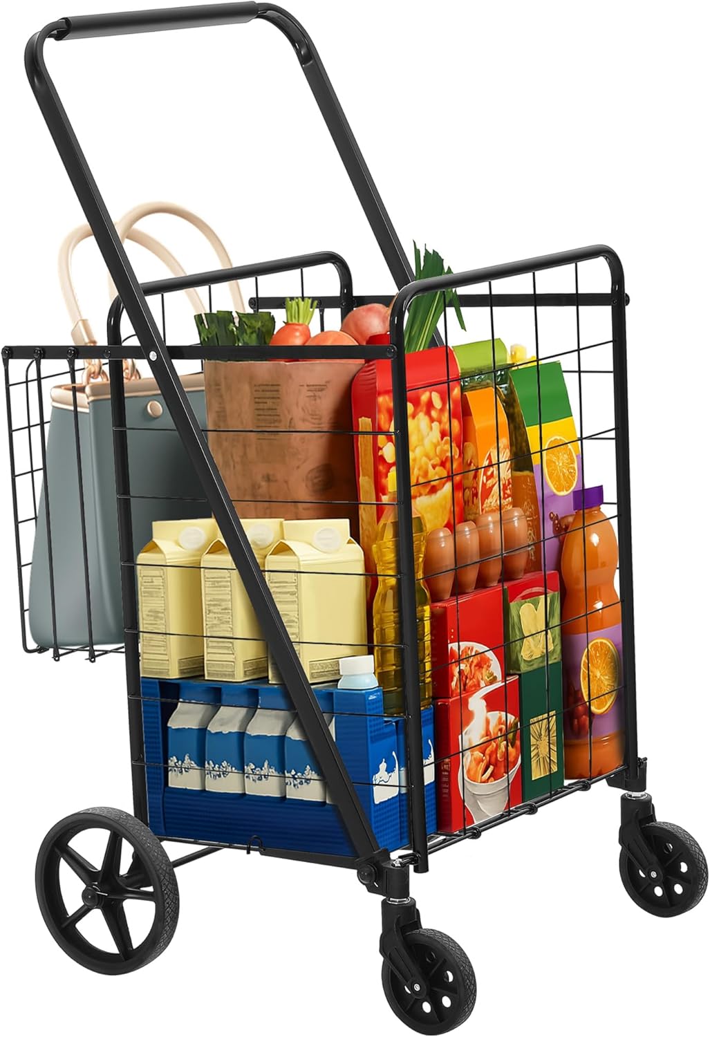 YITAHOME Jumbo Folding Shopping Cart with Wheels, Double Basket Grocery Cart, Collapsible Utility Cart for Laundry, Storage & Organizing (Portable & Space-Saving)