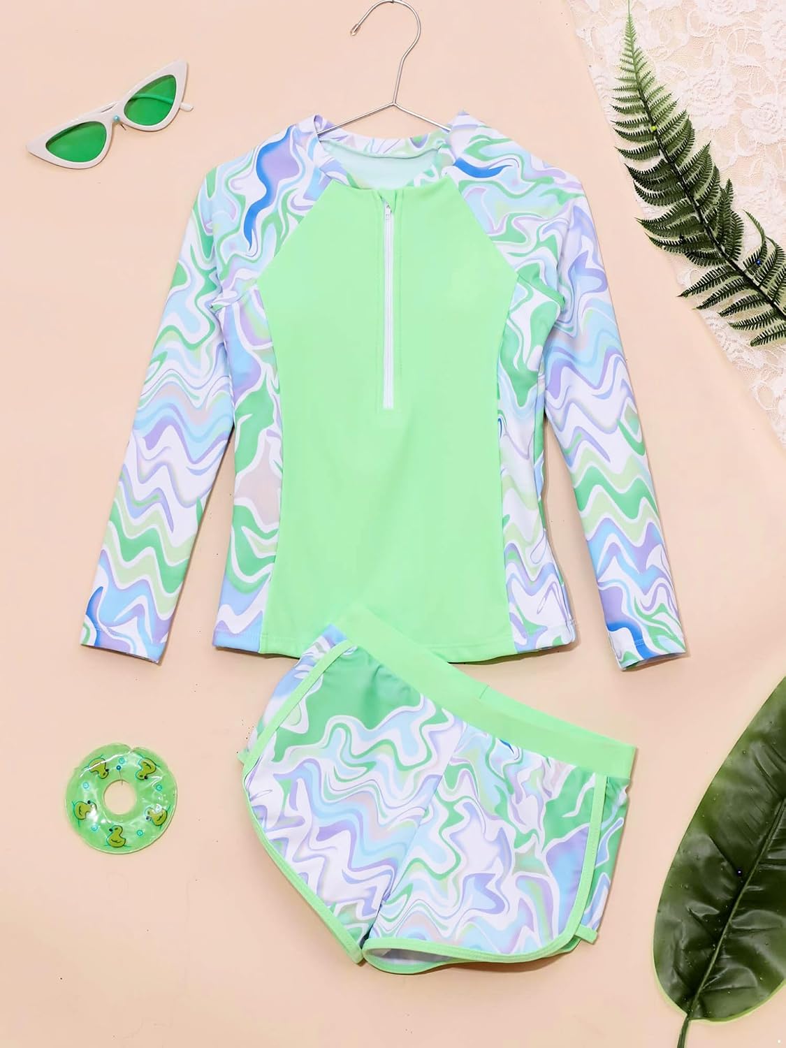 Freebily Kids Girls Floral 2 Pcs Rash Guard Sets Zip Neck Swim Shirts with Shorts Swimsuits