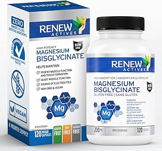 Renew Actives Magnesium Glycinate Supplement: 200 mg Magnesium Bisglycinate - Natural Elemental Support for Heart Muscle Function, Energy Metabolism & Tissue Formation. - 120 Capsules. Non-GMO. No Fillers, Binders or Preservatives. Easy to Swallow Capsules - Made in Canada!
