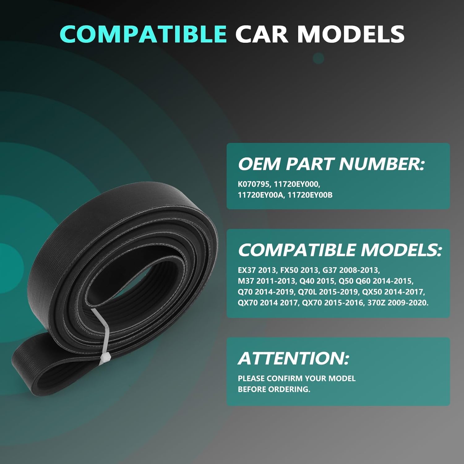 Engine Serpentine Drive Belt fitsG37 2008-2013, M37 2011-2013, Q40 2015, Q50 Q60 2014-2015, Q70 2014-2019 Replaces 11720EY00A, 11720EY00B 7 Rib Quantity