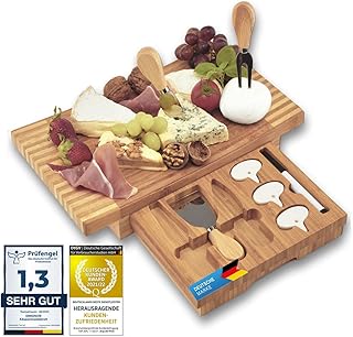 Dimono® plateau de fromages de luxe avec 3 couteaux à fromage; Ensemble de planche à découper à fromage en bois de bambou avec des couverts à fromage pour servir, déguster et vivre