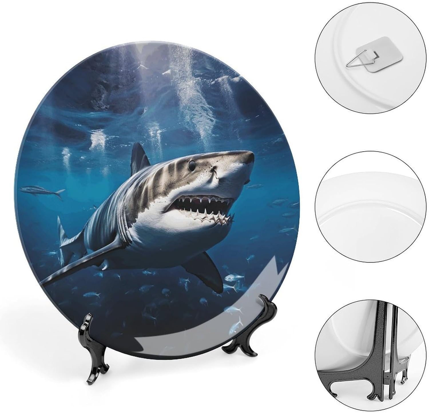 Great White Shark Round Art Ceramic Plates Modern Art Bone China Dinner Plates with Display Stand & Wall Hook for Wall Hanging Decoration Home, Kitchen Or Table Decor image 4