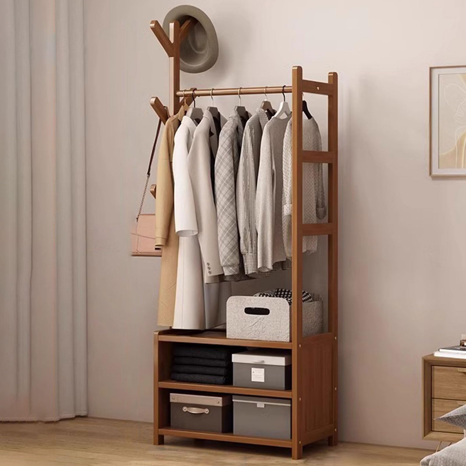 Multifunktionaler Kleiderständer aus Holz, offener Bambus-Kleiderbügel mit Schubladen, platzsparende 4-stöckige Ablagen für Kleidung, Hüte, Taschen & Aufbewahrungsbox