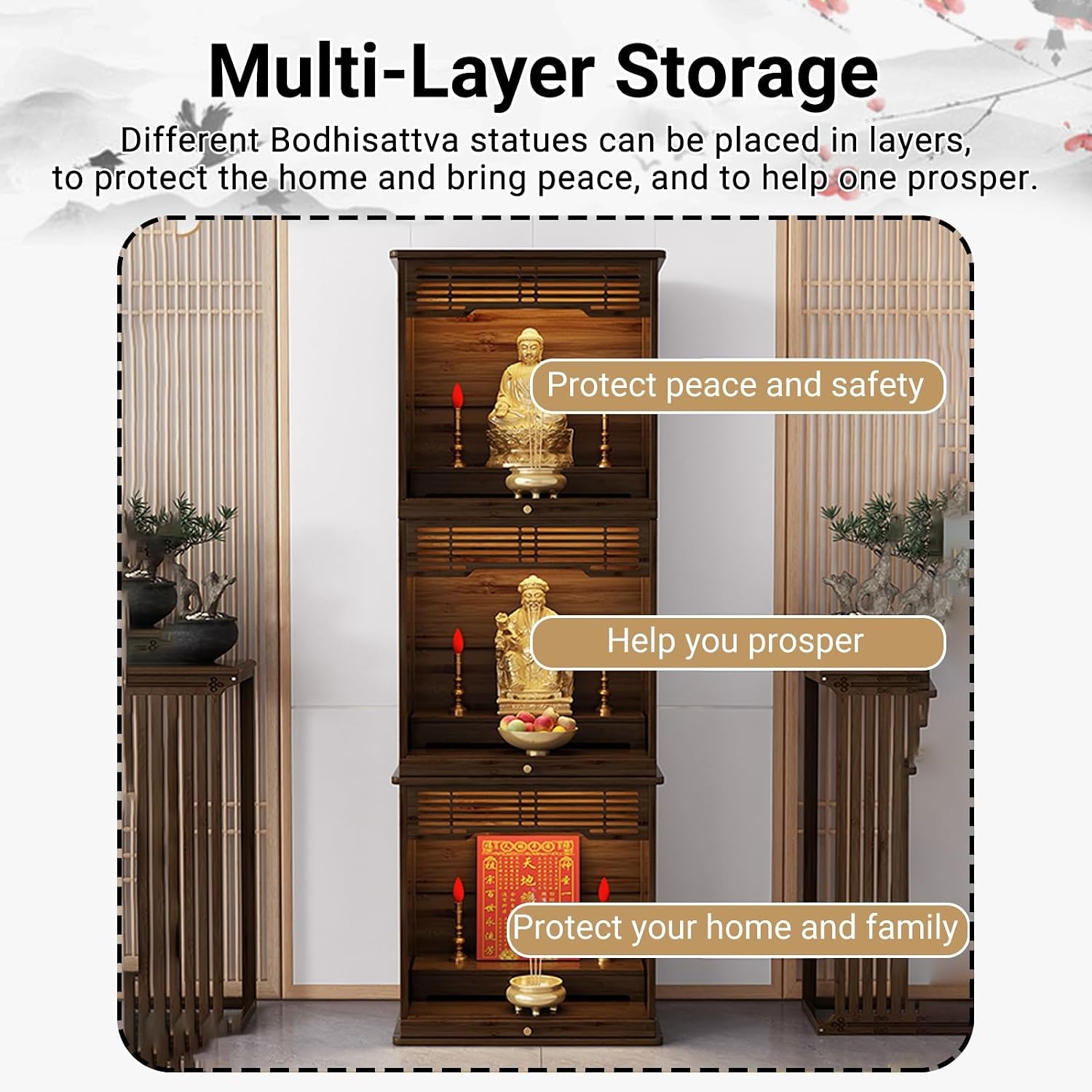 Personal Shrine Stand,Buddha Niche Chinese Cabinet with Storage,Features Pull-Out Design,Layered Display Shelf,for Family Worship Use(27.95x16.54x80.71in)