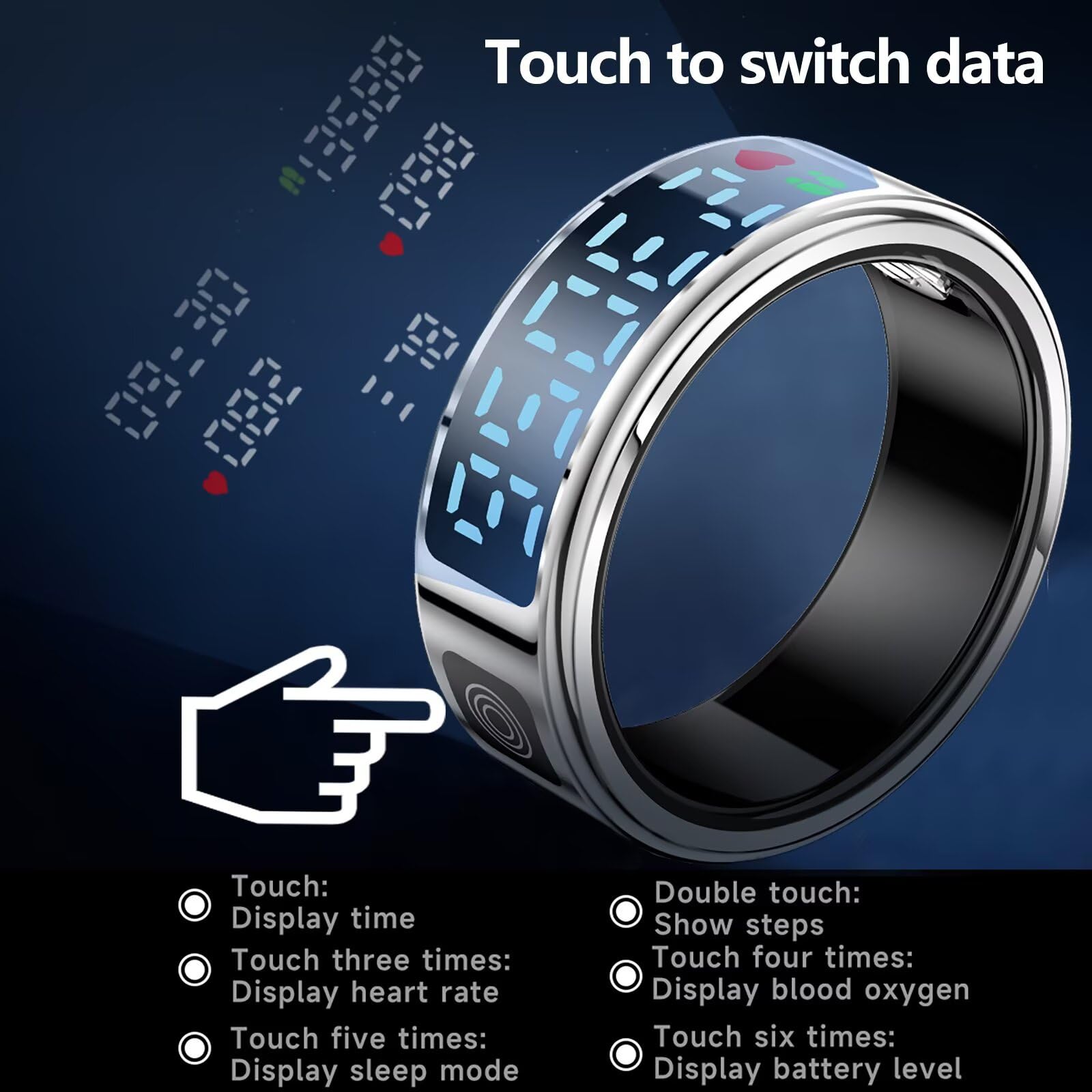 findtime Smart Ring con display Smartring Uomo Donna Fitness Ring Tracker Sonno Cardiometro Contapassi Android IOS Anello Fitness Anello Intelligente Nero Oro Argento
