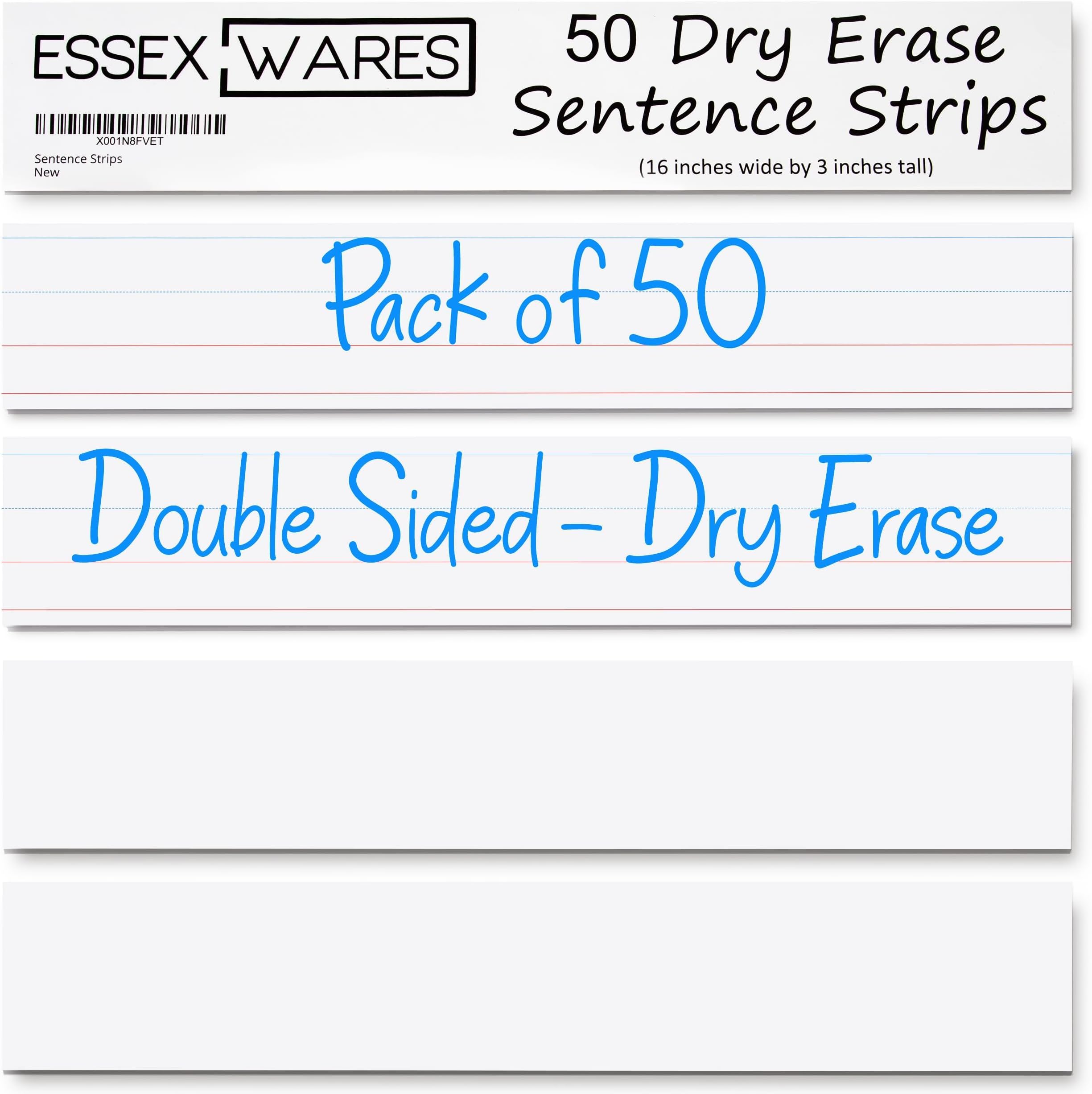 Essex Wares - 50 Pack - White - 16" Wide x 3" Tall Dry Erase Sentence Strips - Sentence Strips Cardstock - Reusable & Double Sided (Ruled & Blank) Sentence Strips for The Classroom, Home, Office