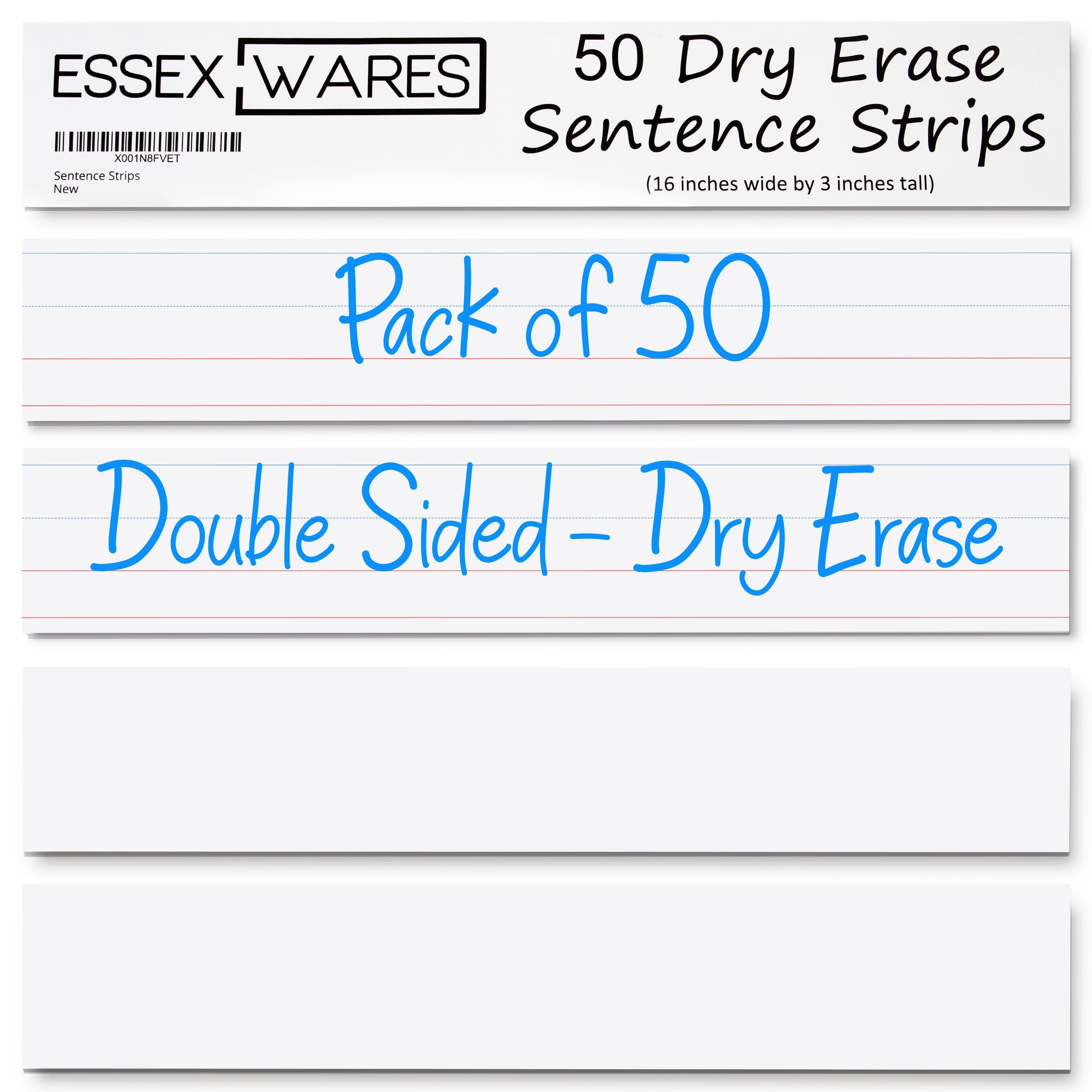 Essex Wares - 50 Pack - White - 16" Wide x 3" Tall Dry Erase Sentence Strips - Sentence Strips Cardstock - Reusable & Double Sided (Ruled & Blank) Sentence Strips for The Classroom, Home, Office