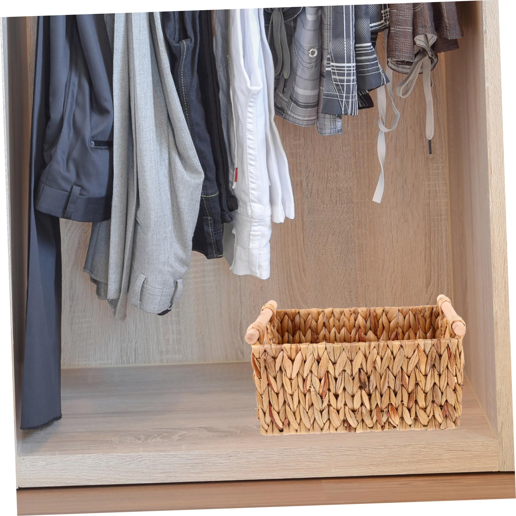 Cesta Tejida de Estilo Rústico y Natural con Asa de Madera, de Fibra Natural y Hierro, para Almacenar Libros o Papel Higiénico en Casa