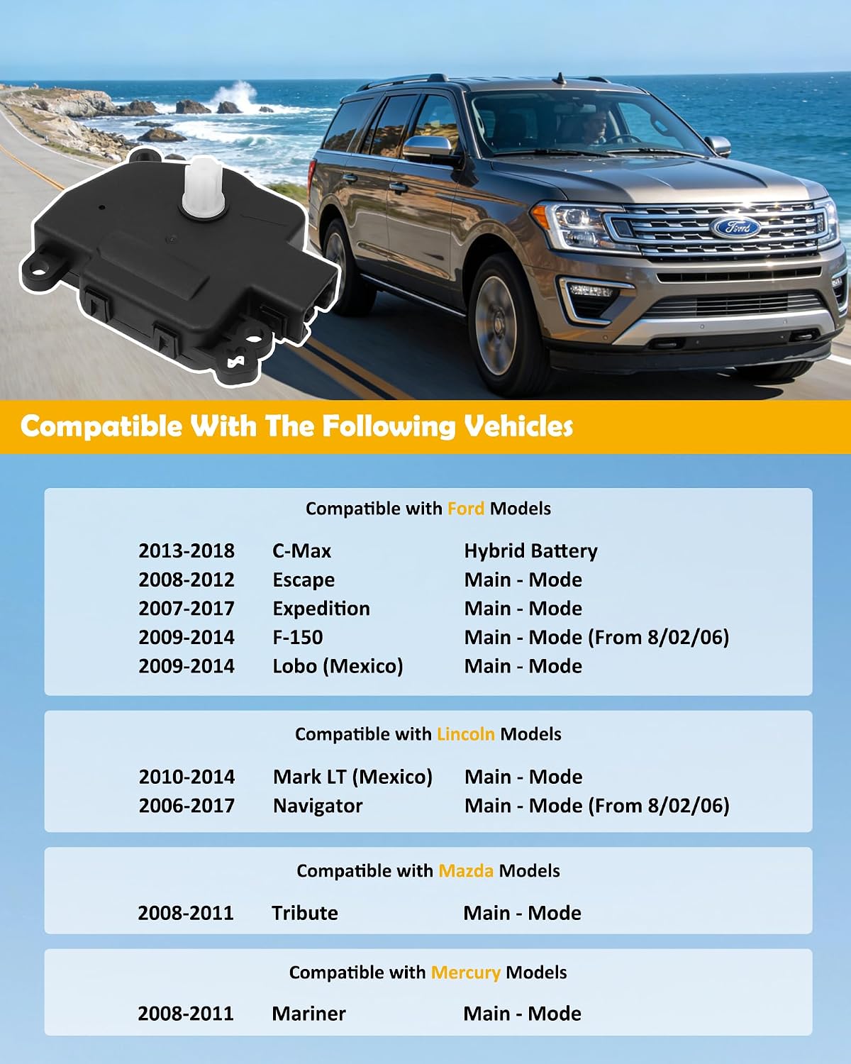 HVAC Heater Blend Door Actuator Compatible with Ford F-150 Expedition Escape C-Max Lincoln Navigator Tribute Mercury Mariner Mode Motor Assembly Replaces# 604-241 YH1881 8L8Z19E616C