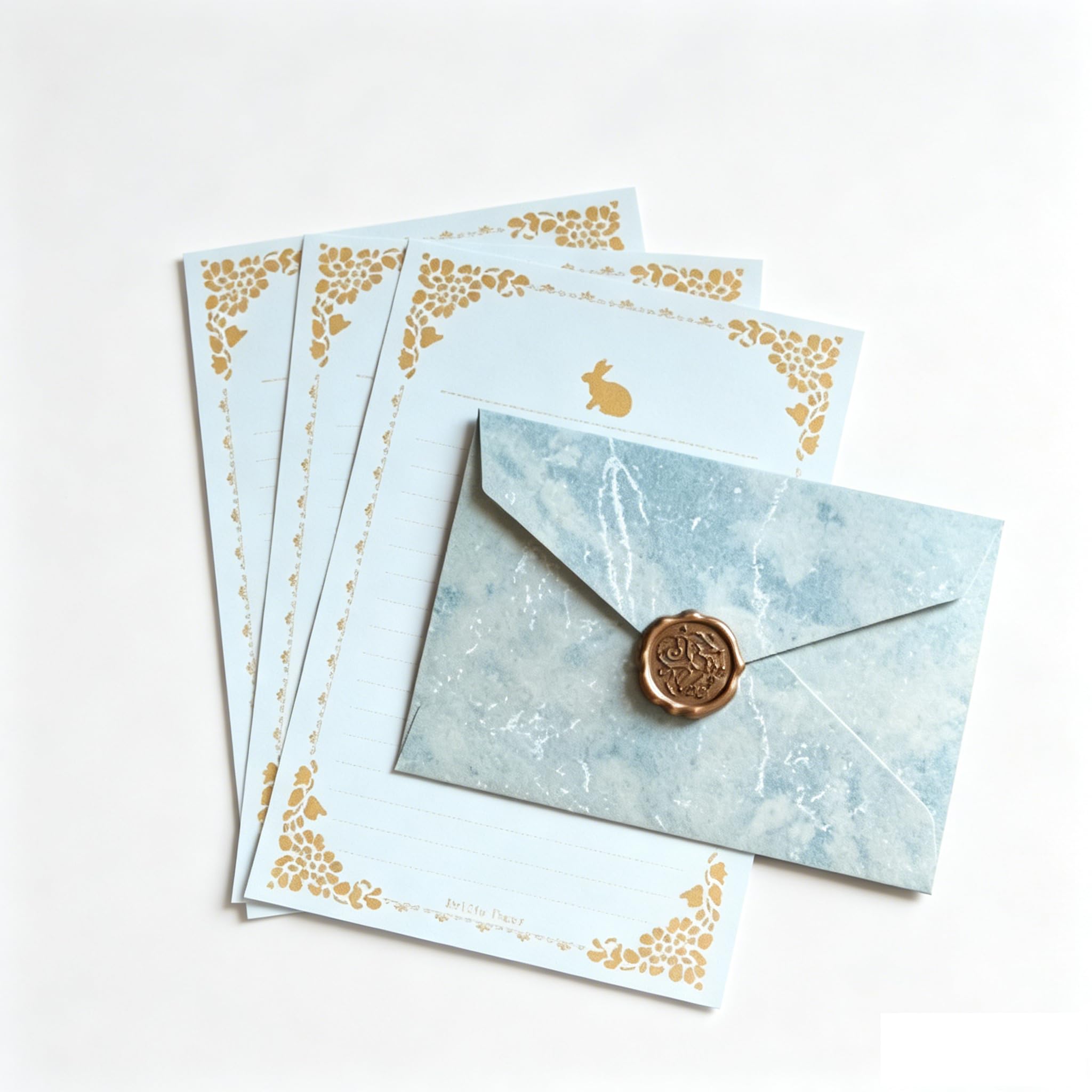 50pcs Writing Paper and Envelopes Set, Sky Blue Gold Embossed Letter Set with Wax Seal