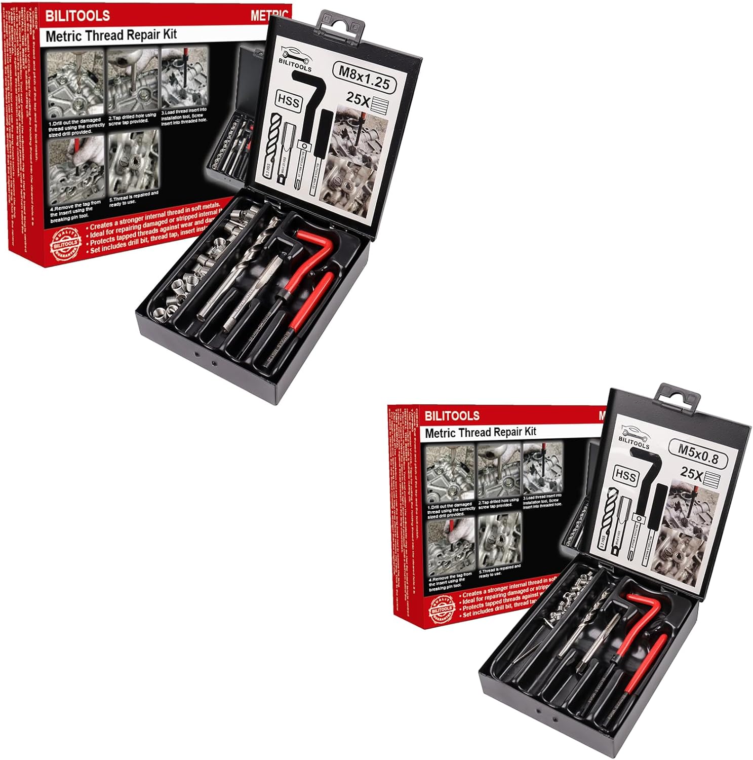 BILITOOLS M8x1.25 and M5x0.8 Thread Repair Kit, HSS Drill Helicoil Repair Kit Metric
