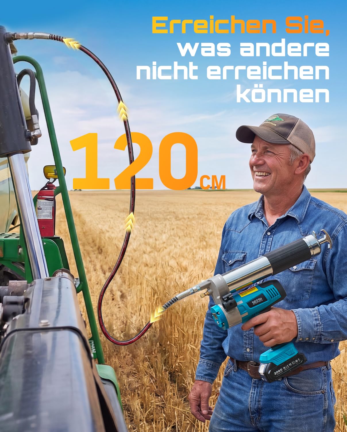 Seesii Akku Fettpresse, Elektrische Fettpresse für Schmiernippel mit Lock-On-Auslöser, 120 cm-Schlauch, hoher Durchfluss von 5,8 oz/min, Schnellkupplung, LED-Beleuchtung für PKWs und Baumaschinen