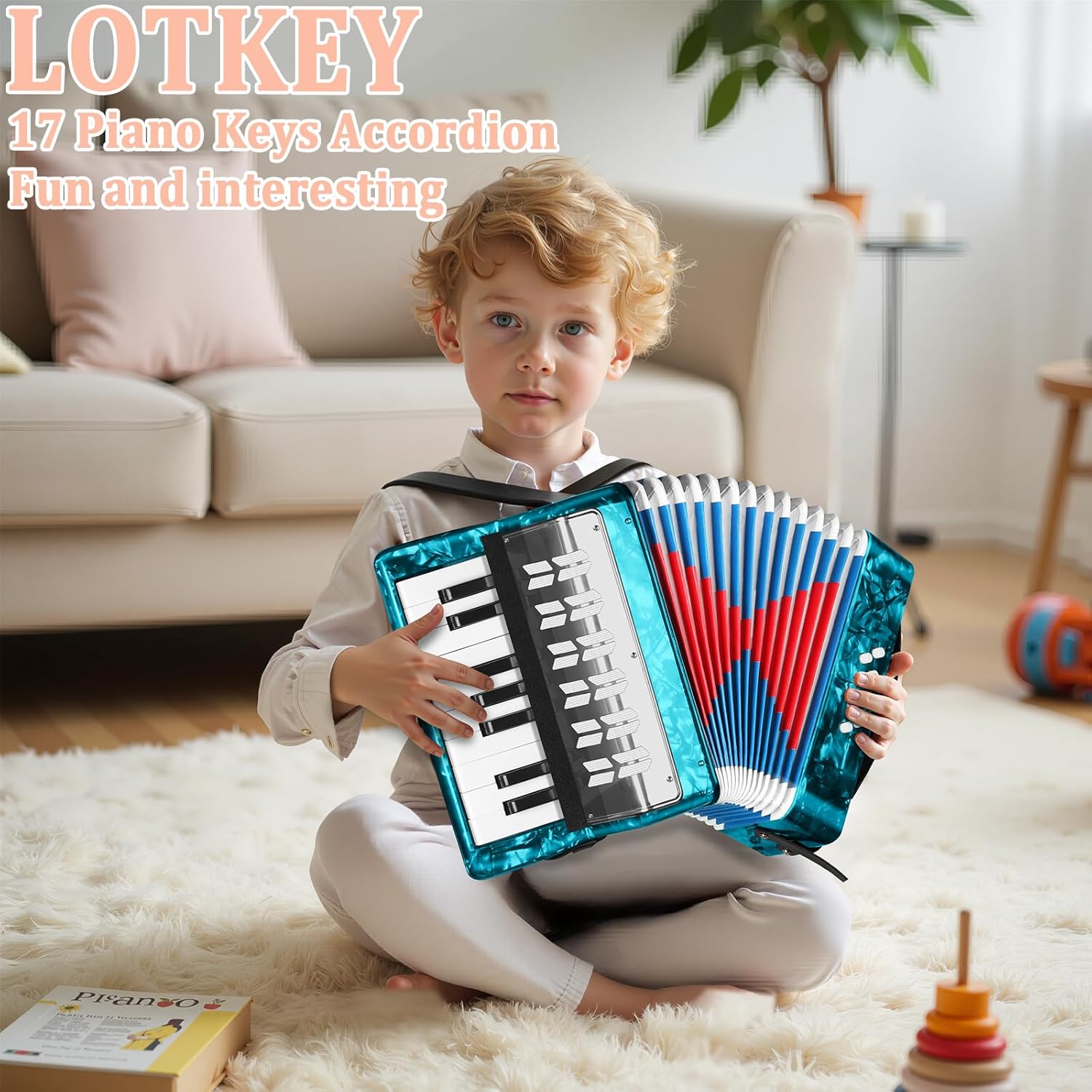 Lotkey 17 Key Piano Accordion, 8 Bass Kids Accordion, Celluloid Body, Metal Cover Accordions Louder Clearer Timbre Than Plastic, Lightweight Design for Children, Beginners to Practice (Azure Blue)
