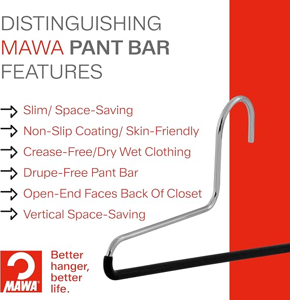 MAWA by Reston Lloyd Trouser Series Non-Slip Space-Saving Clothes Hanger with Single Rod for Pants, Style KH/1, Set of 10, Latte