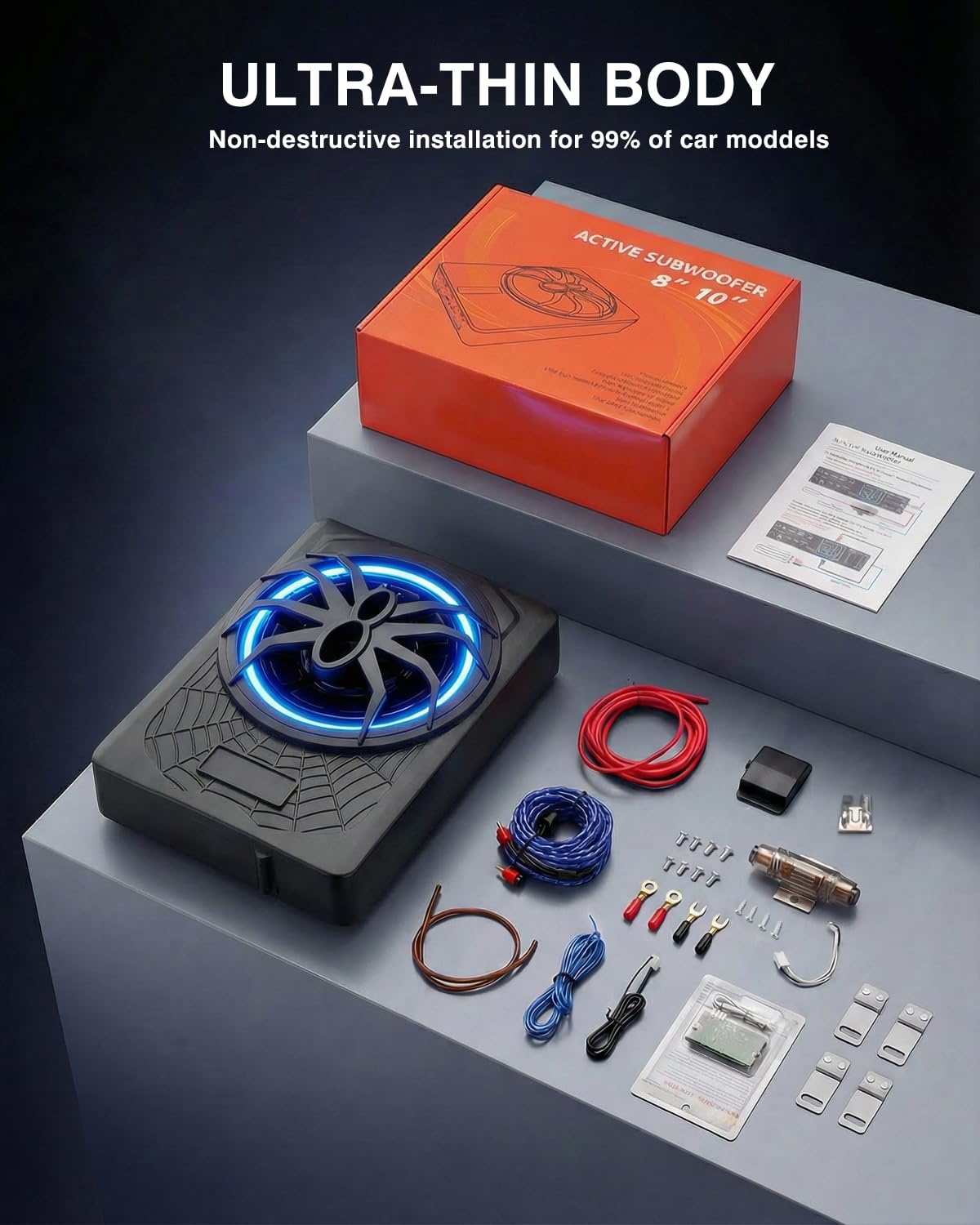 Subwoofer attivo per veicoli, progettato per essere posizionato sotto il sedile, 1200 W di potenza massima, driver da 10 pollici, con illuminazione ambientale blu, con amplificatore integrato