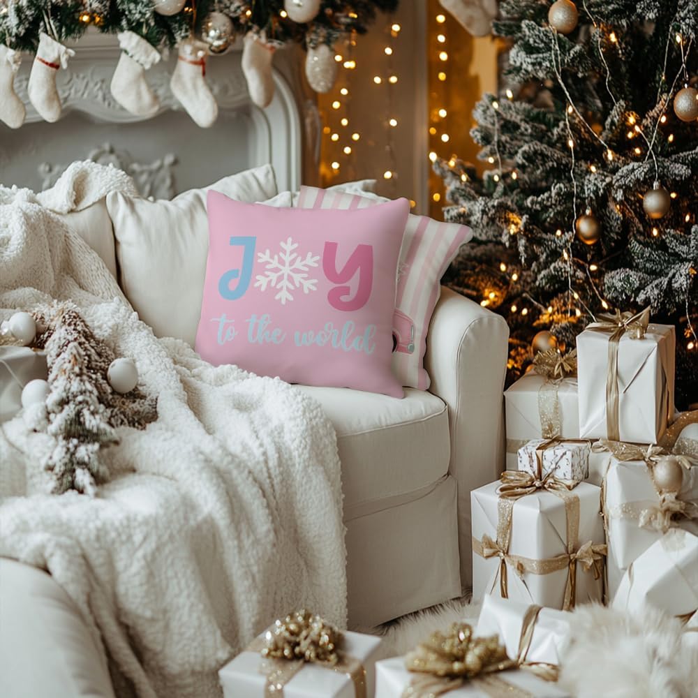 GEEORY Christmas Throw Pillow Covers 18 x 18 Inch Set of 4, Xmas Trees Truck Merry and Bright Pink Striped Holiday Farmhouse Decorative Cushion Cases for Home Decoration G581-18 - Image 8