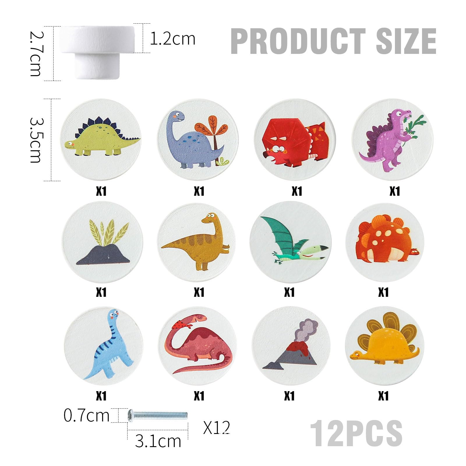 Lot 12 Poignee Tiroir Dinosaures pour Enfants, Chambre d'enfant, Boutons De Meubles Ronds 35 Mm avec Vis, Poignées D'armoire en Bois