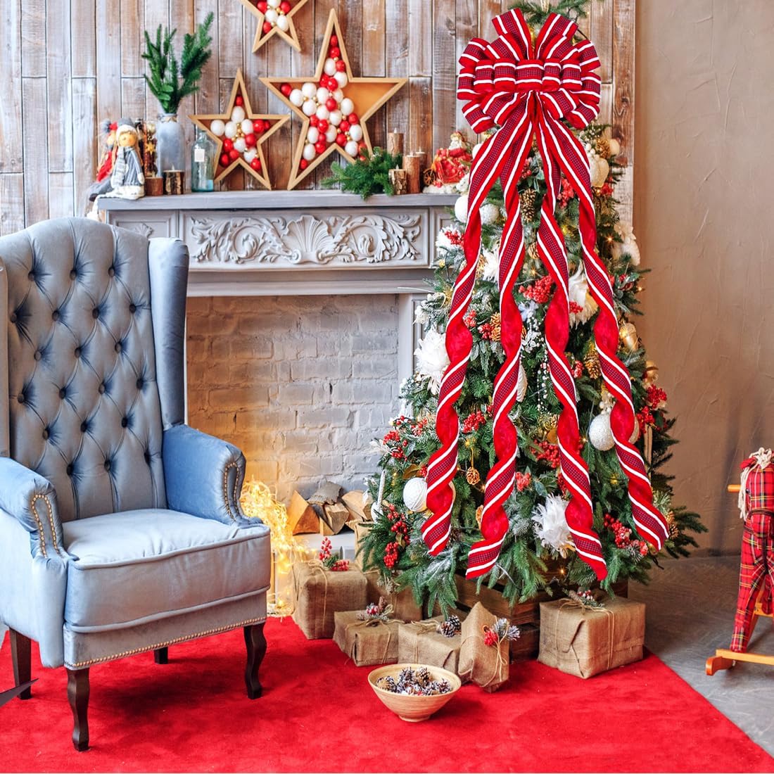 Christmas Tree Topper Bow Large Red Christmas Wreath Bow Tree Topper, Flocking Fabric with White Raw Edge Gift Bows for Xmas Ornament Holiday Home Thanksgiving Indoor/Outdoor Decor 52x13 Inches - Image 6