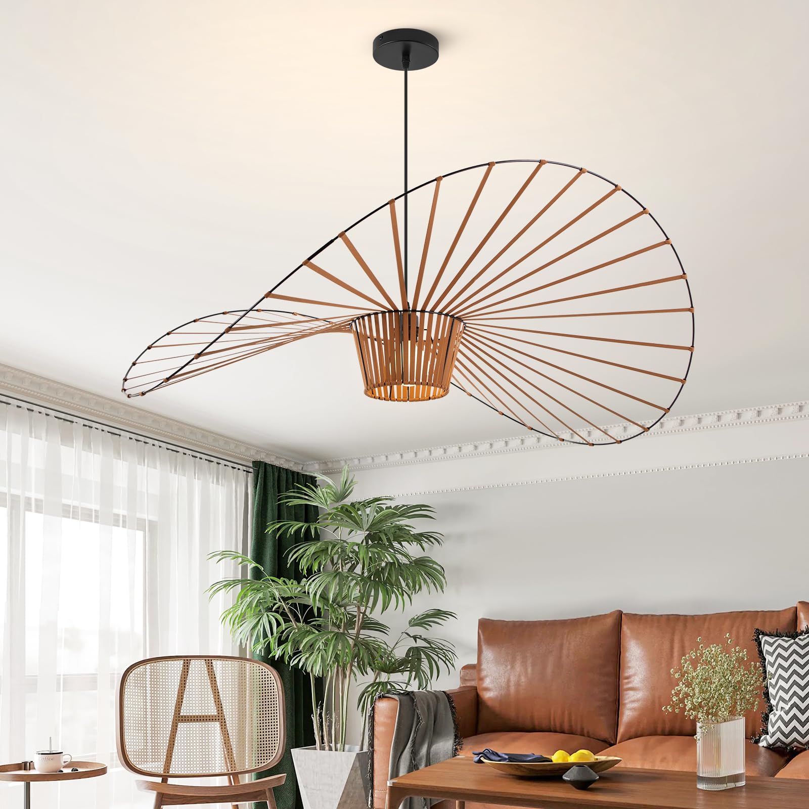 woven chandelier, d39" brown creative straw hat shape pendant light fixtures, stretch fabric+fiberglass material, modern boho large chandeliers, suitable for living room, bedroom, dining room, office