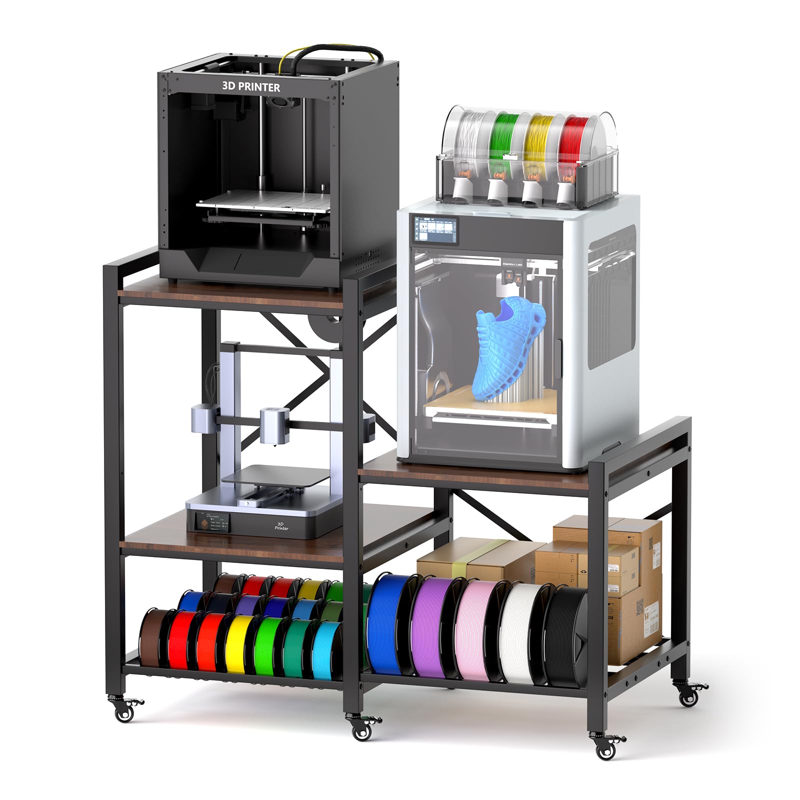 3D-Druckertisch mit Filament Regal, Schwerlast Drucker-Arbeitsstation für 3 Drucker,mit Metal-Rollen,Extrem Stabil