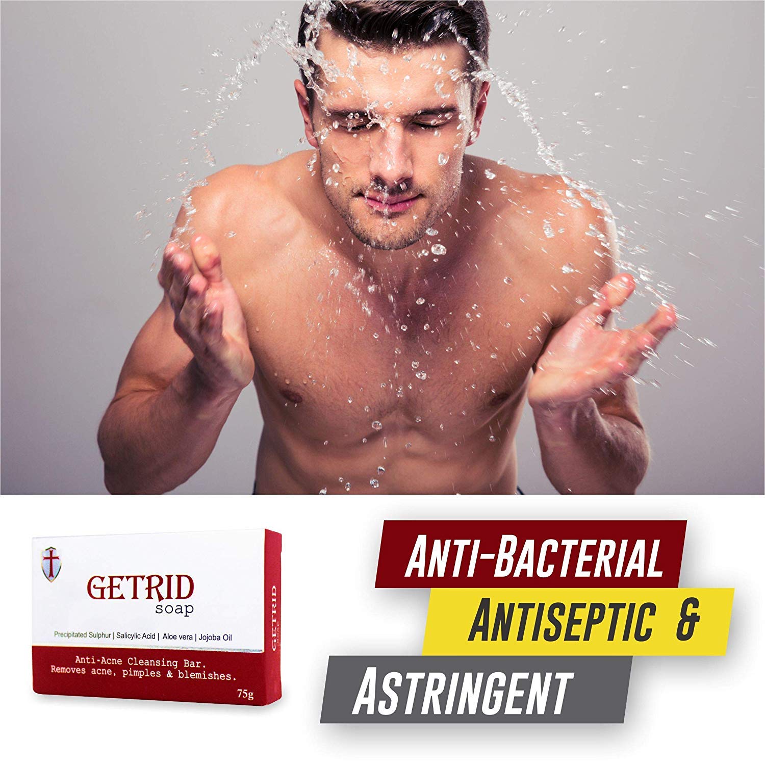 GETRID Anti-Acne Sulfur & Salicylic Acid Soap Bar - 75g / 2.65 oz (Pack of 15) | For Acne-Prone Skin | Deep Cleansing & Exfoliating Soap | Aloe Vera & Jojoba Oil Infused