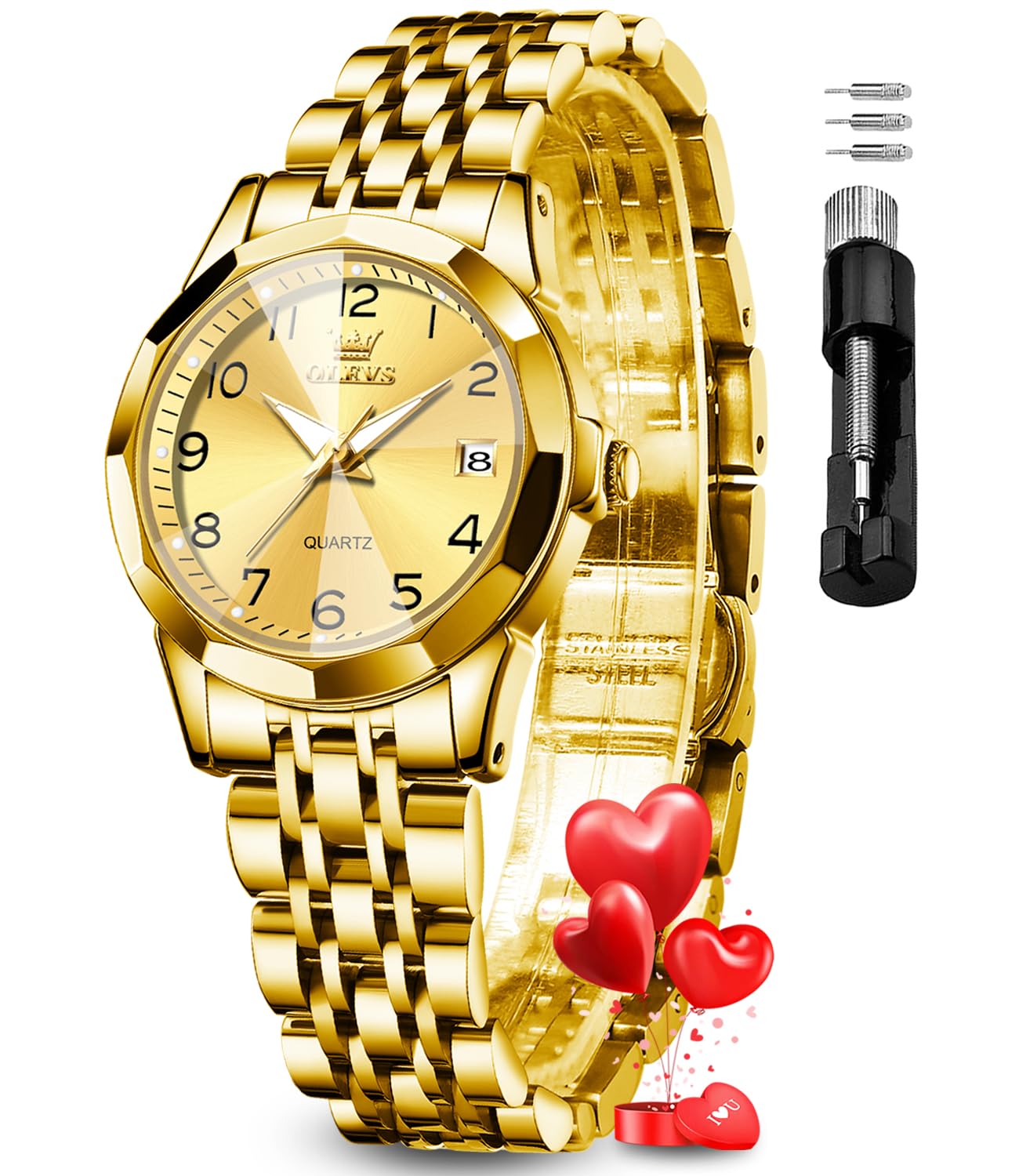 Womens Watch Fashion Dress Diamond Female Watches for Ladies Analog Quartz Stainless Steel Waterproof Luminous Day Date Two Tone Wristwatch