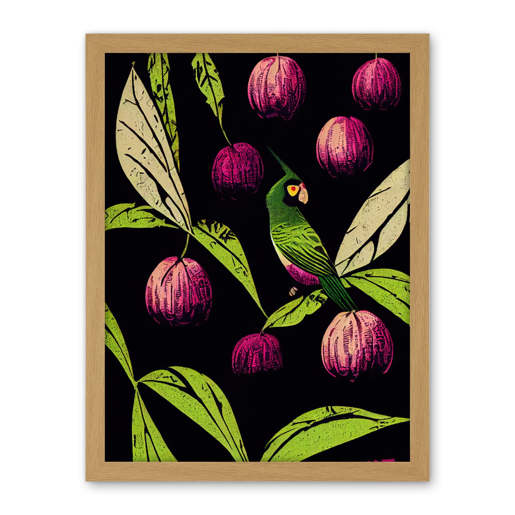Wee Blue Coo Parrot in Tree Fruit Bright Green and Purple Black Colour Linocut Illustration Modern Vintage Artwork Framed Wall Art Print 18X24 Inch