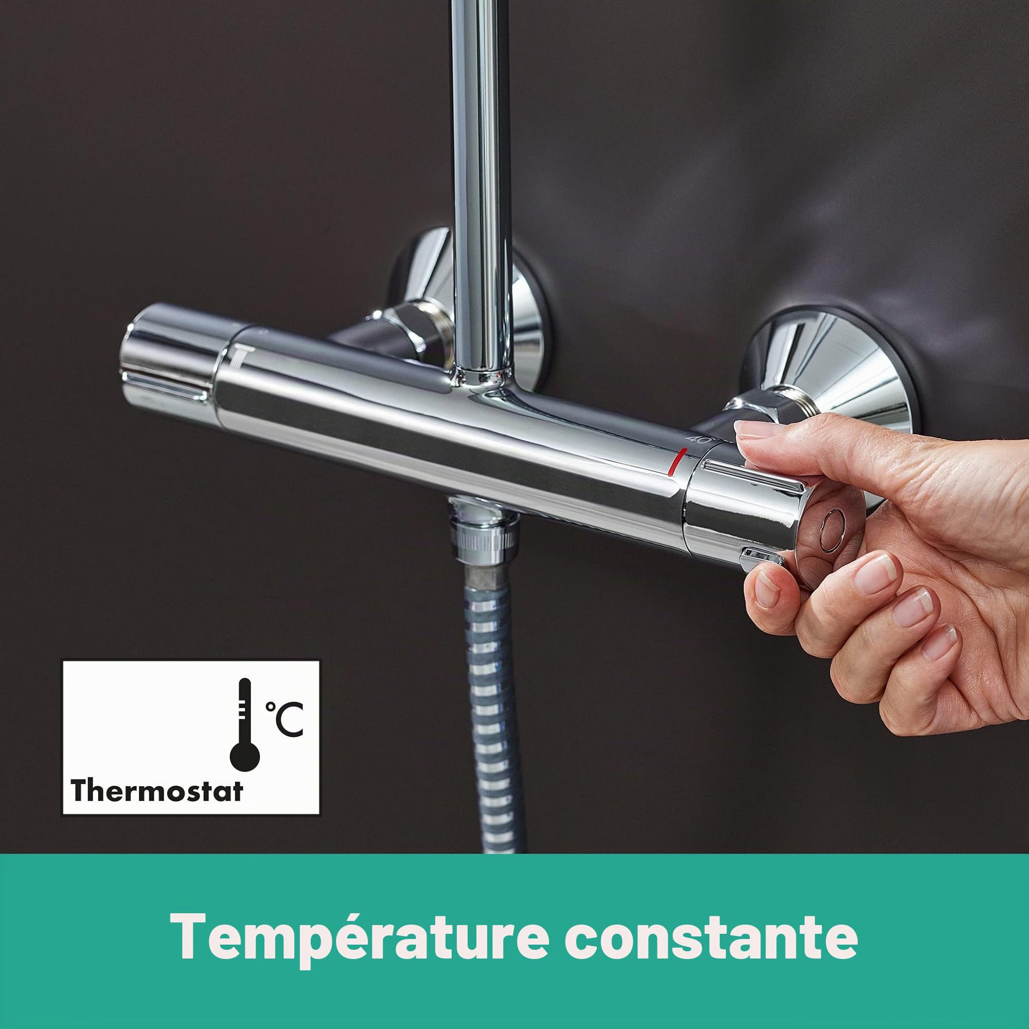 hansgrohe Vernis Blend - Colonne de douche avec mitigeur thermostatique, douche pluie 205 mm avec robinet, douchette, support, flexible de douche, barre et douche de tête ronde 1 jet, Chromé, 26089000