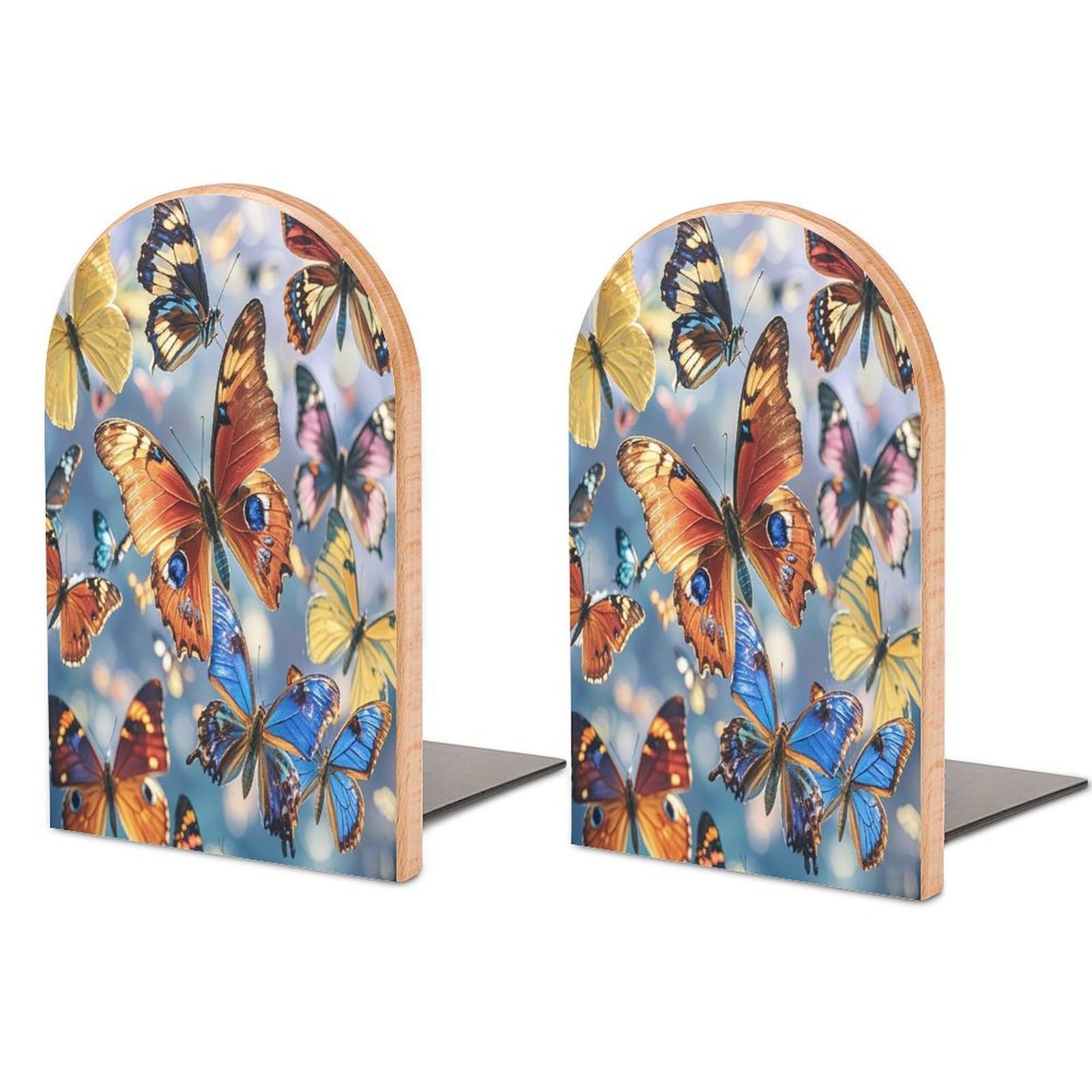 Monarch Butterflies Bookend for Shelves Unique Book End Sturdy Books Holder Heavy Duty Wooden Bookends Support Non-Slip Book Organizers Decorative Modern Bookend Holder for Home