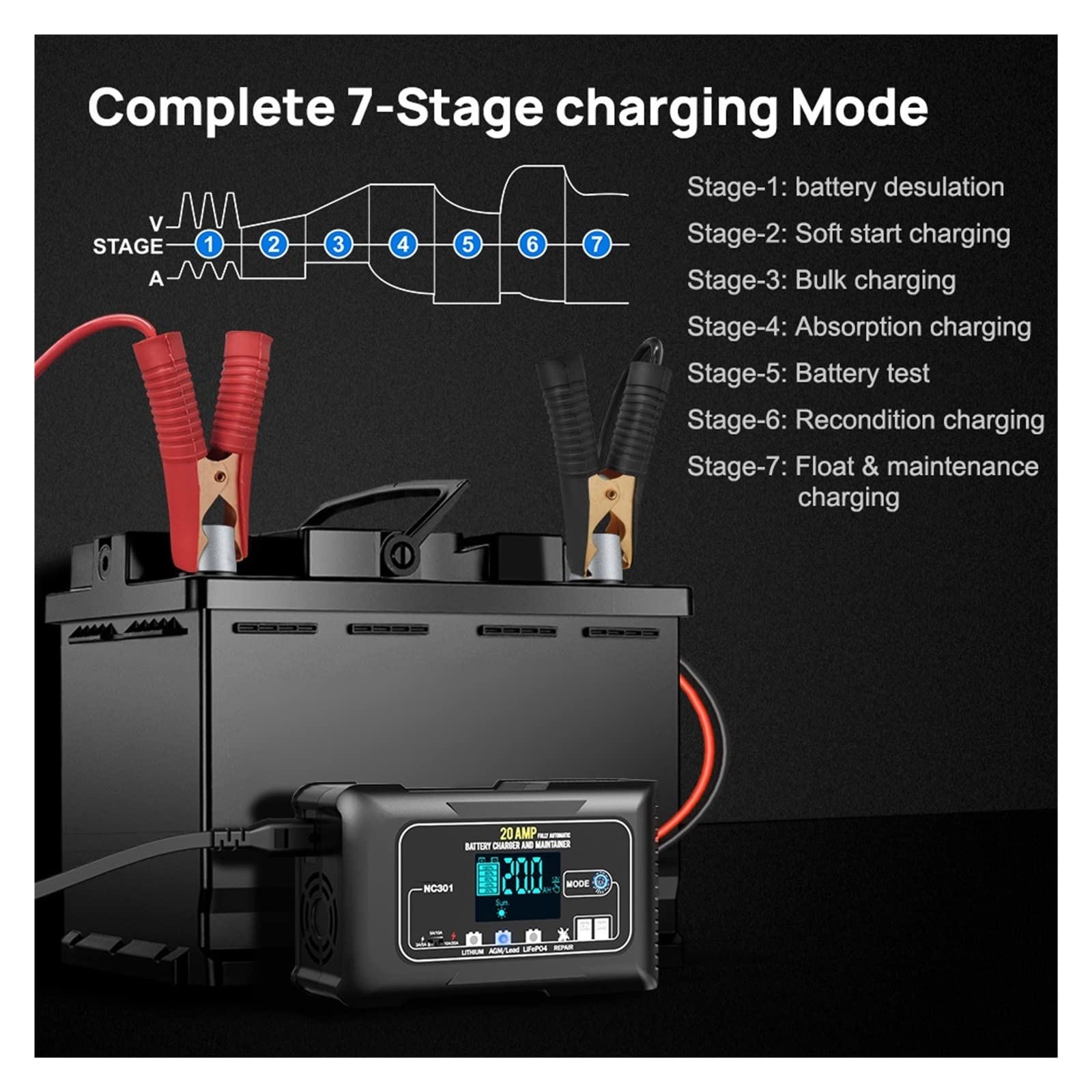 Caricabatterie intelligente di mantenimento 20A Caricabatteria per auto 12V e 24V Caricabatteria intelligente completamente automatico per batterie al piombo acido al litio LiFePO4 per auto, camion,