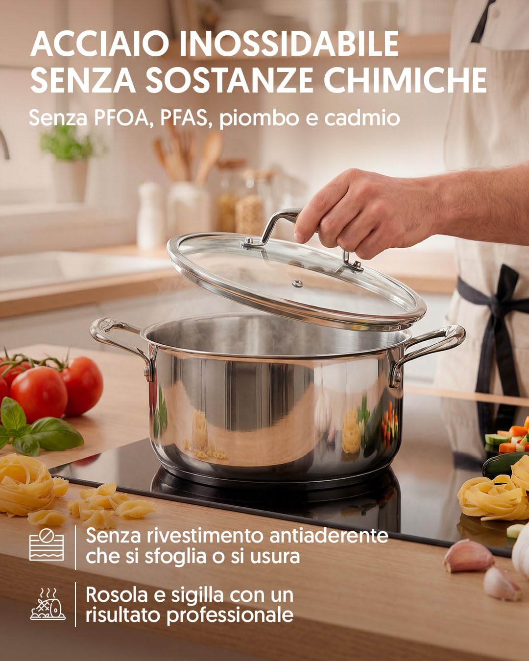 La Moustache - Set Pentole e Padelle 8 Pezzi in Acciaio Inox Senza Rivestimento, 3 Pentole con Coperchio in Vetro e 2 Padelle, per Induzione, Lavabile in Lavastoviglie, Ø16/20/24 cm (Titan Inox)
