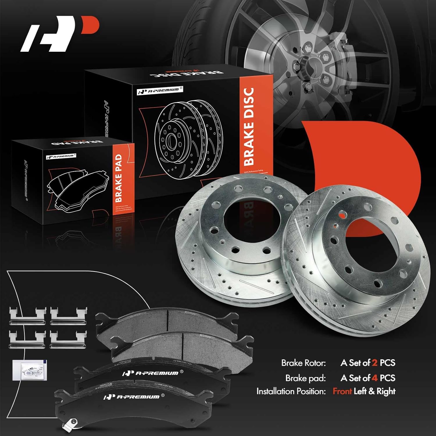 A-Premium 12.79 in (324.9 mm) Front Drilled and Slotted Disc Brake Rotors + Ceramic Pads Kit Compatible with Select Chevrolet & GMC Models - Silverado 3500, Express 4500, Sierra 3500, Savana, 6-PC Set