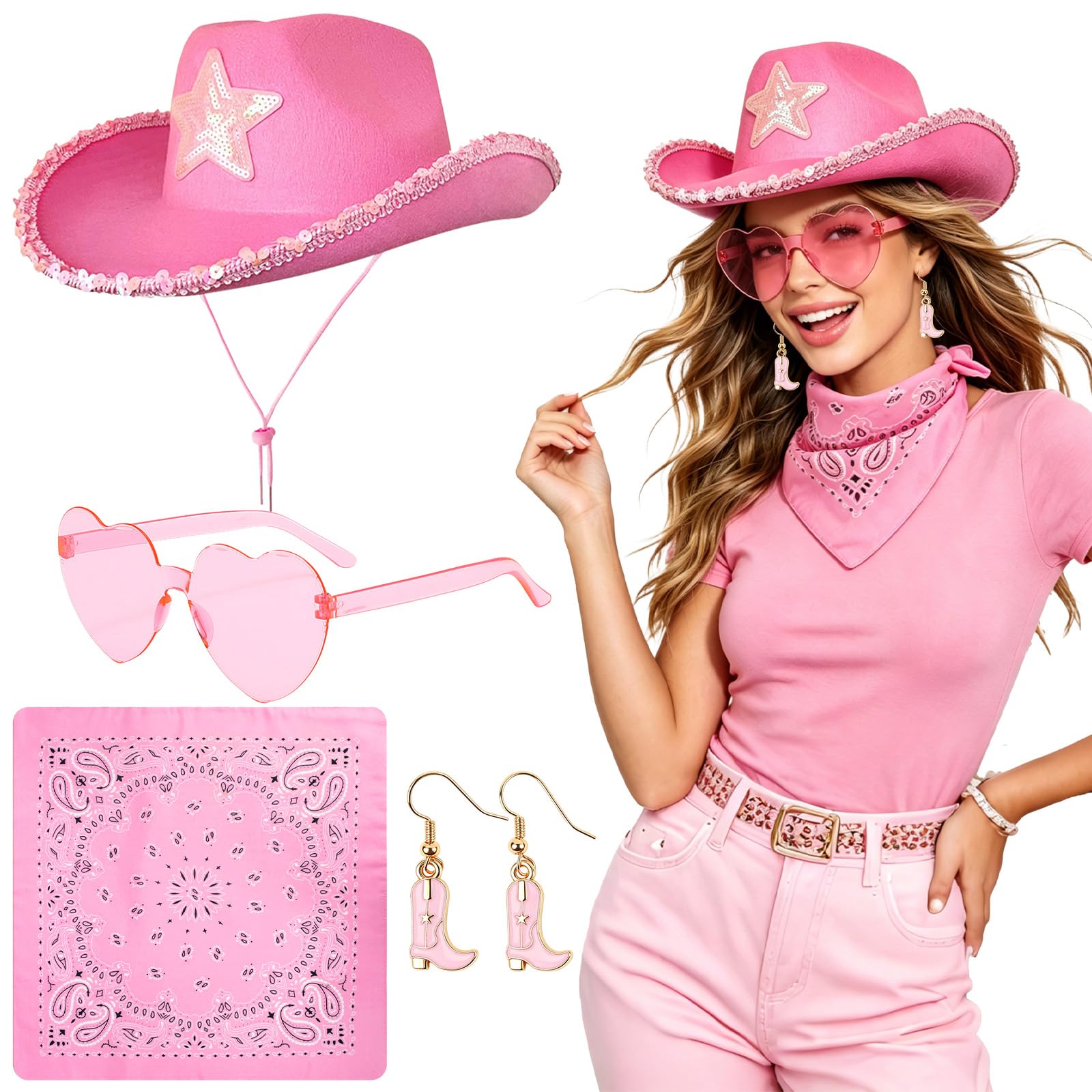 Kitimi 4Pcs Cowgirl Hat Accessories Women Cowgirl Costume with Hat Bandana Heart Sunglasses Earrings, Pink Western Fancy Dress for Country Music Rodeo Halloween Carnival
