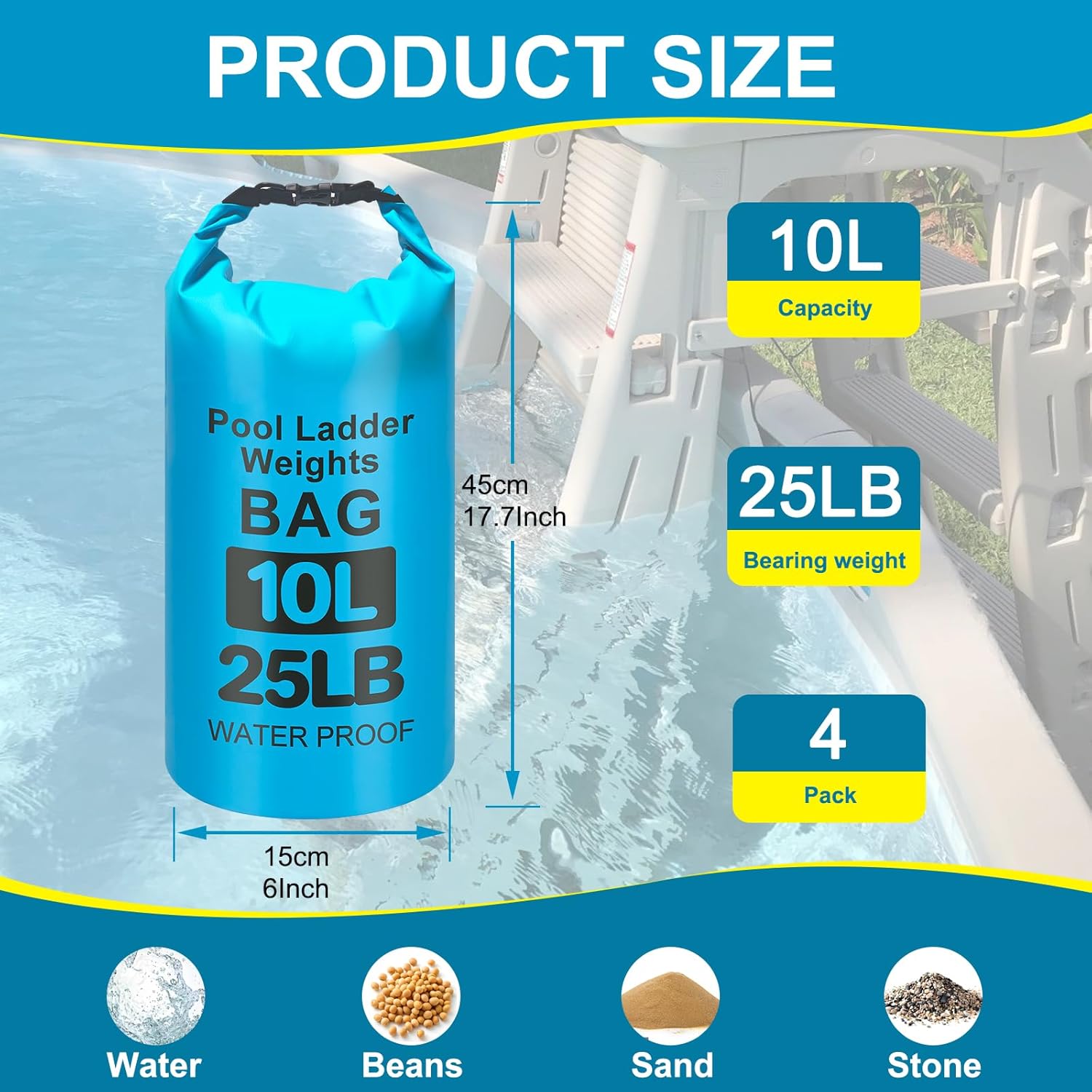 25LB Heavy Duty Pool Ladder Weights for Above Ground Pools, 20L Universal Pool Step Weights, 500D VPC Waterproof Pool Stair Weights, Easy Fill Sand Bags for Pool Steps, Foldable, Leak-Proof, 4PCS