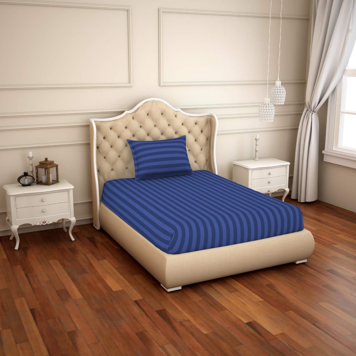 Spaces Skyrise Navy 210 Tc Cotton Single Bed Sheet with Pillow Cover