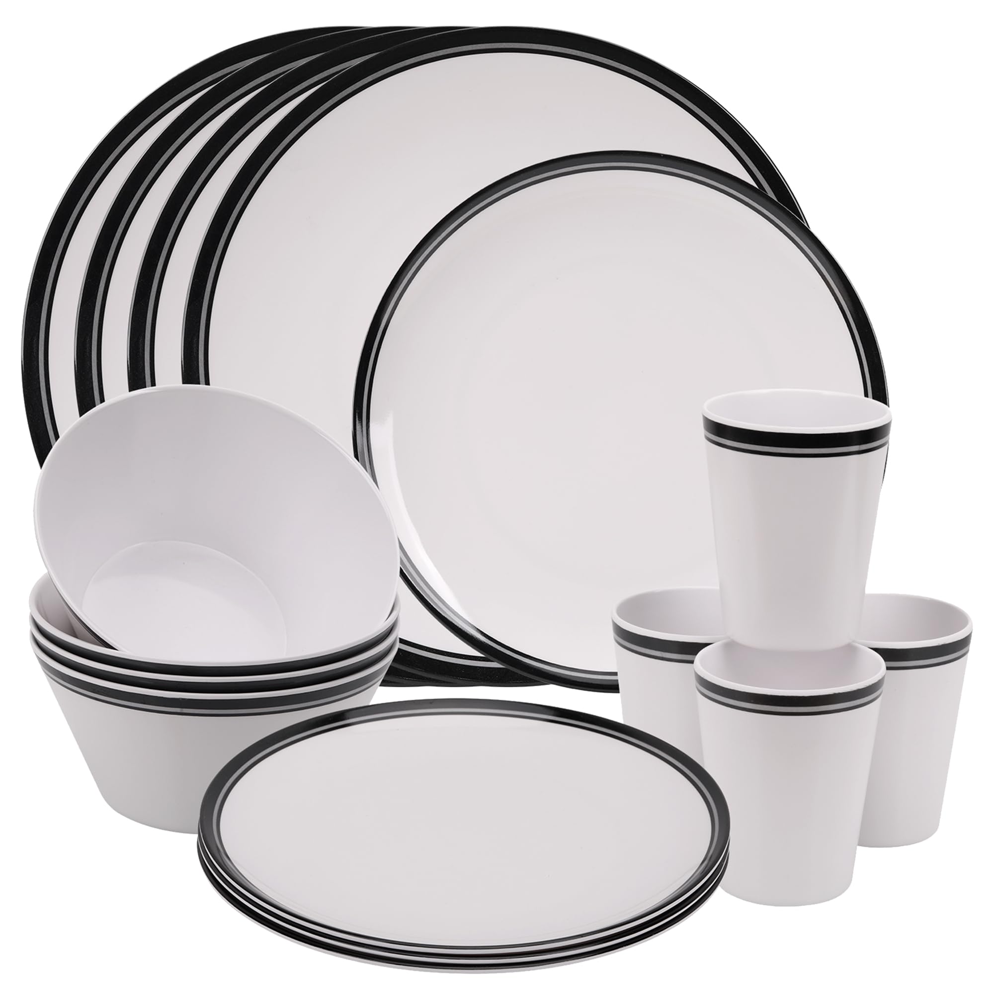 Trimming Shop 16pcs Melamine Dinner Set | Plates, Dessert Plates, Bowls & Cups | White with Black Stripe | Party Dinnerware | Service for 4 People | Dinnerware Set for Indoor Outdoor, Picnic, Camping