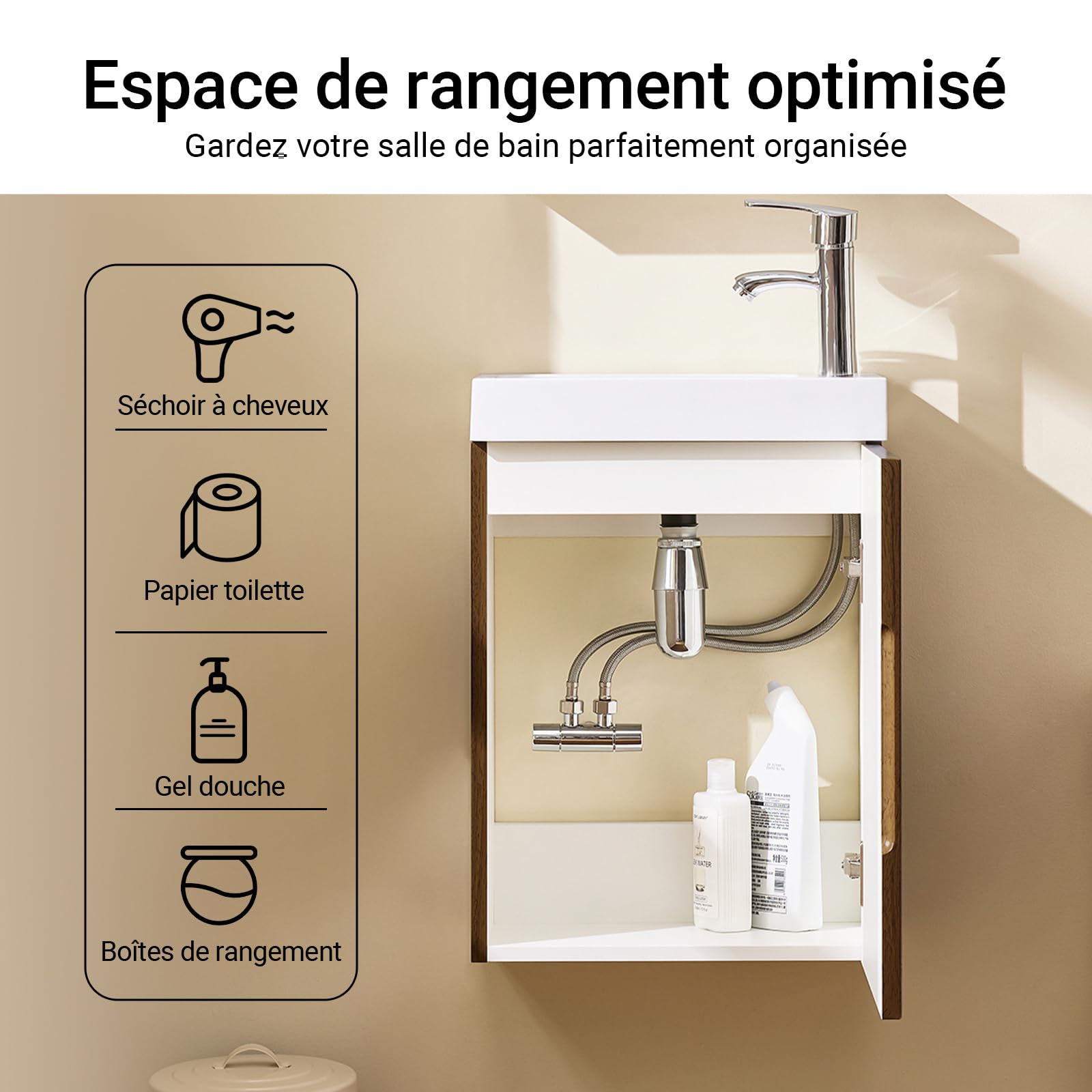 SoBuy Meuble Sous Lavabo Suspendu pour Salle de Bain avec Vasque Compact - Rangement Colonne Petite Taille pour WC Style Moderne 40x22x56cm BZR196-BR