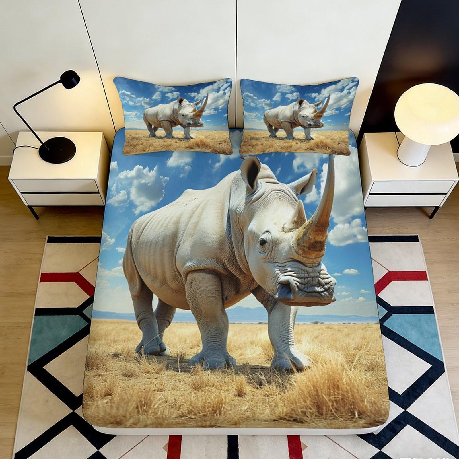 3D Printed Rhino Grassland Fitted Sheet Microfiber Soft Anti-Slip Bed Sheet for Bedroom Guest Room Decor 90x200x25cm