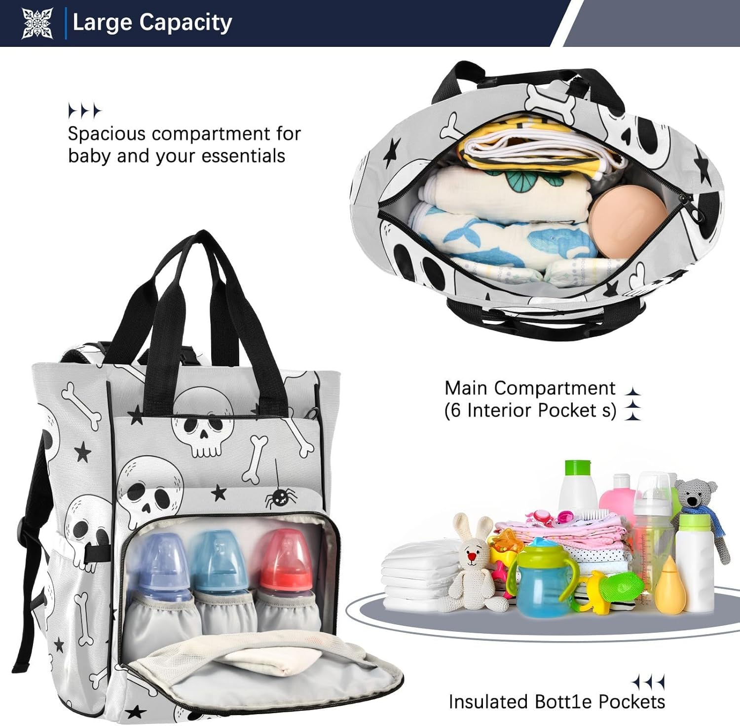 SPRIPORT Spooky Skulls Gray Print Diaper Bag Backpack for Baby Boys Girls Multifunction Baby Essentials Travel Tote with Stroller Straps & Bottle Storage Maternity Travel Bag for Baby Gifts Moms Dads