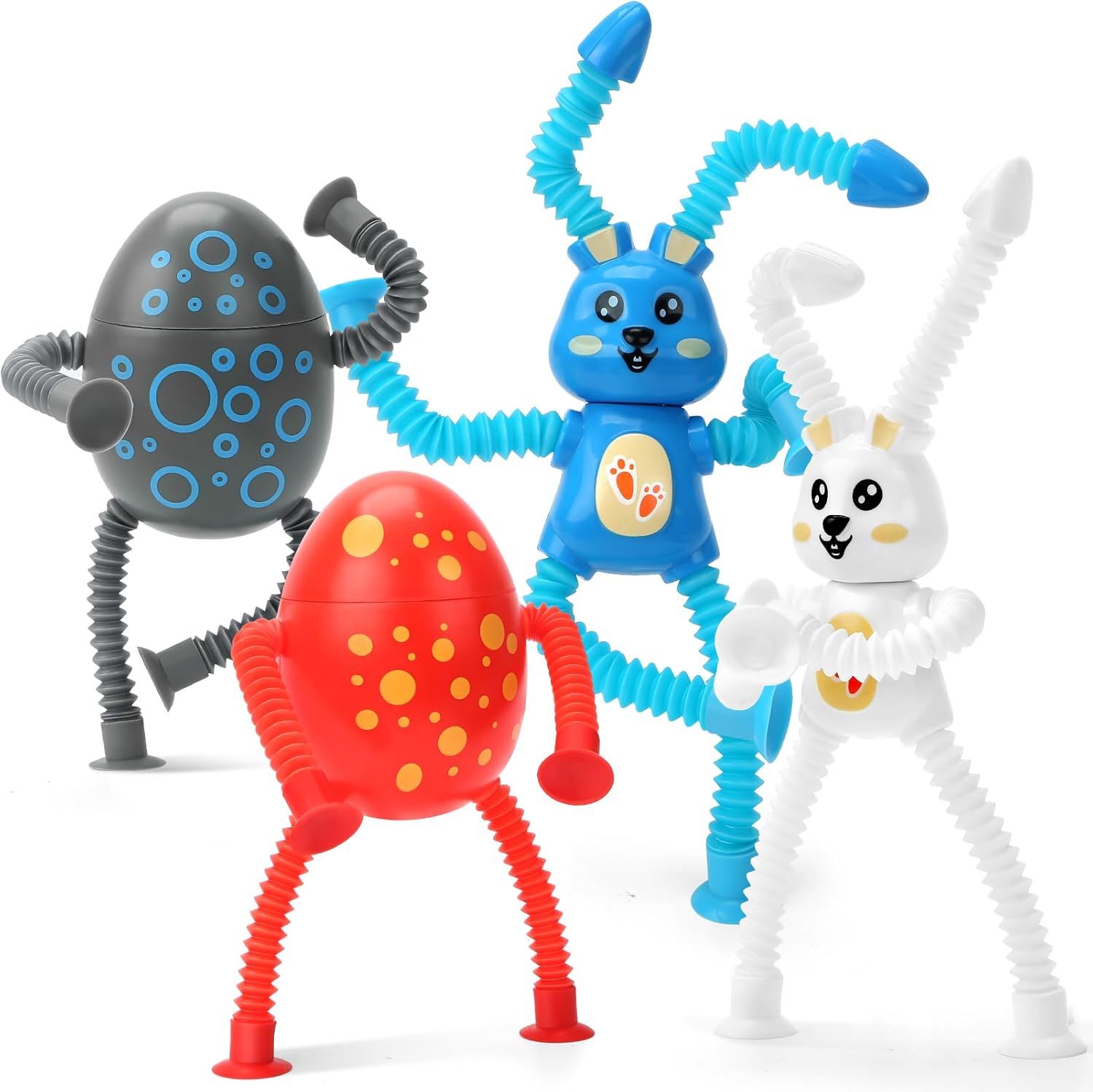 Easter Basket Stuffers Egg Fillers for Toddlers Kids, 4 Pack Suction Pop Tube Fidget Easter Toys for Boys Girls, Bunny Rabbit Easter Gifts Party Favors