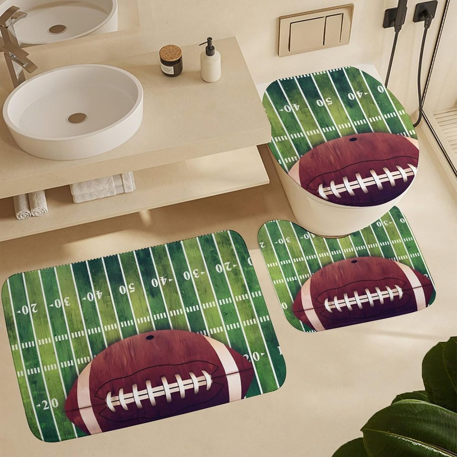 American Football Field and BallNon-Slip Bath Rug Set 4 Set