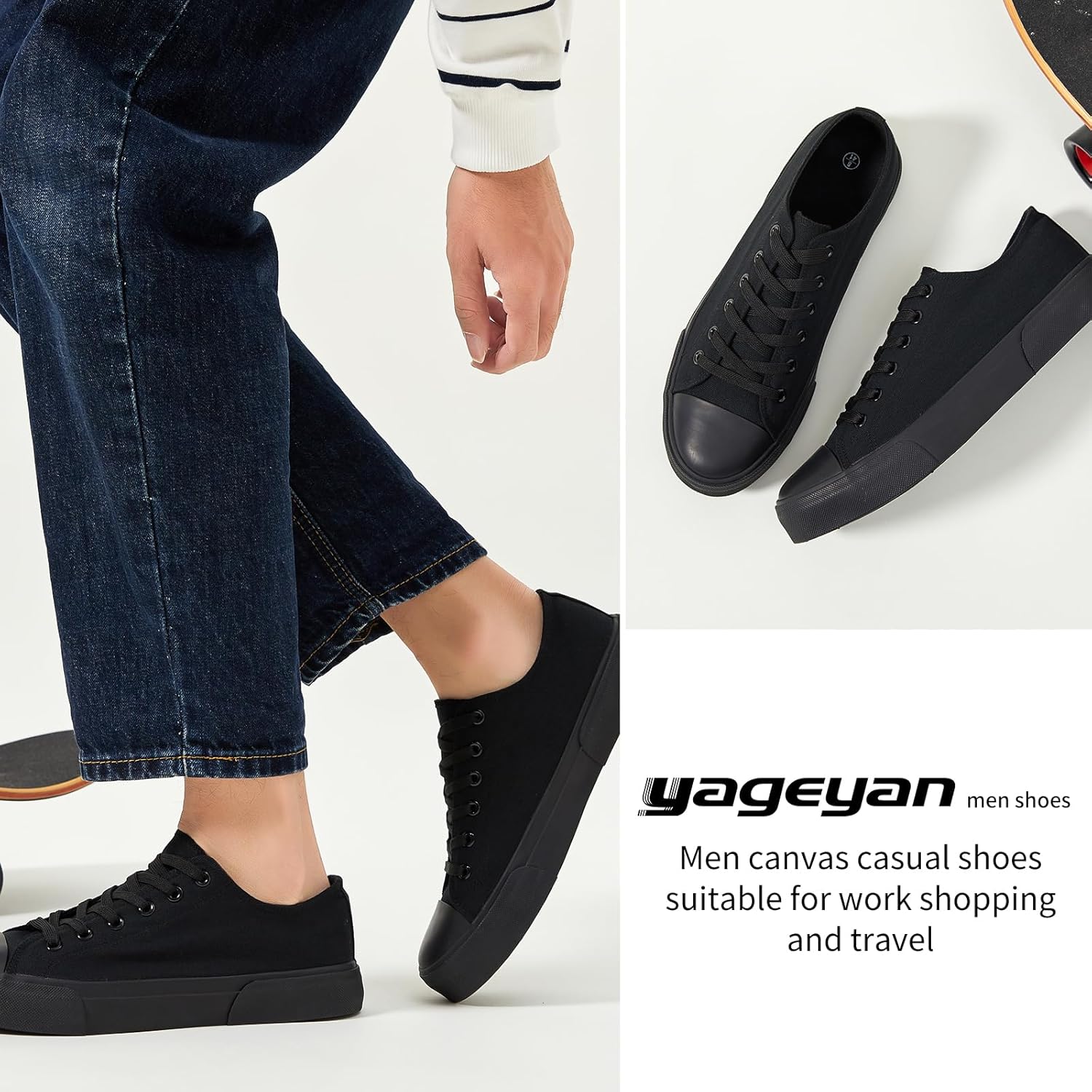 yageyan Men Canvas Low top Shoes Classic Casual Sneakers Black and White Fashion Shoes - Image 5