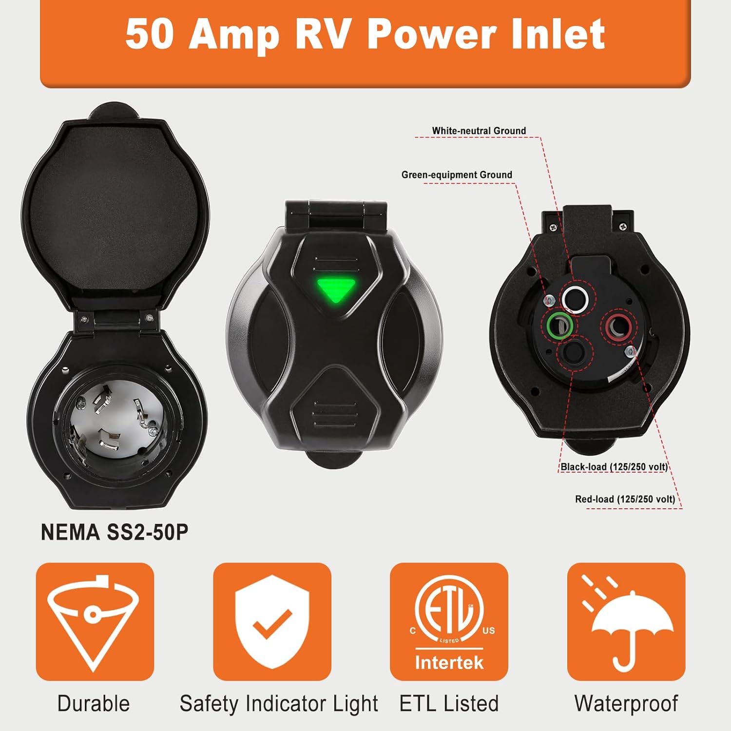 50 AMP RV Power Inlet Receptacle Power Plug 125/250V,Female Twist Locking Connector with Weatherproof Cover Boot Kit for RV Trailer Boat Caravan Camper,NEMA SS2-50P Black Plug